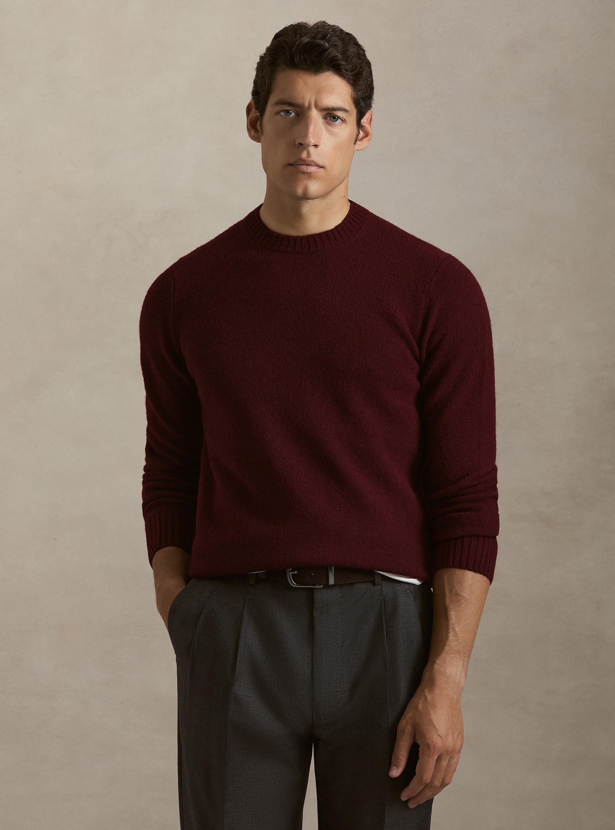 Maglia girocollo in pura lana shetland, BORDEAUX