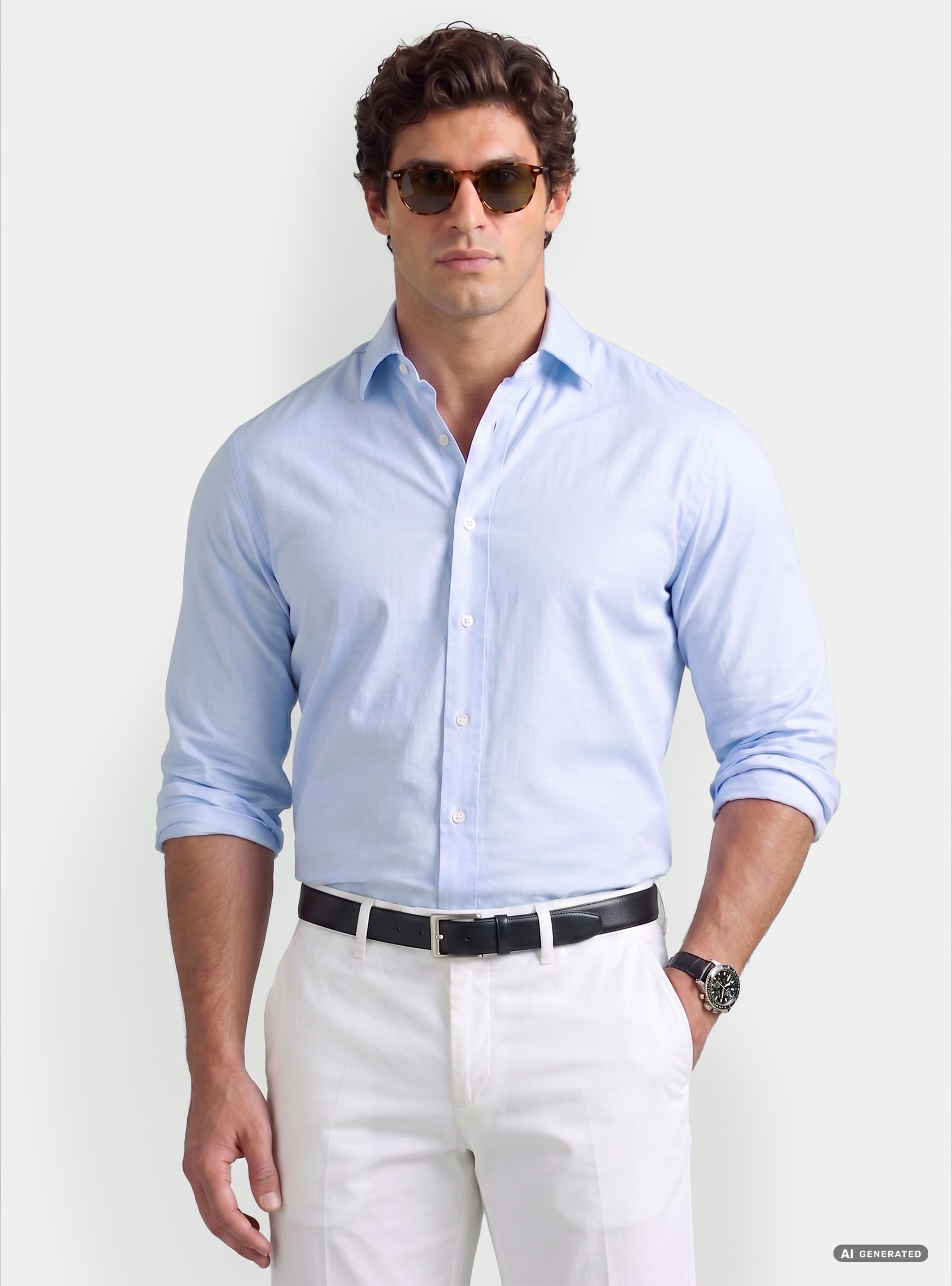 Camicia custom fit in popeline di cotone, AZZURRO