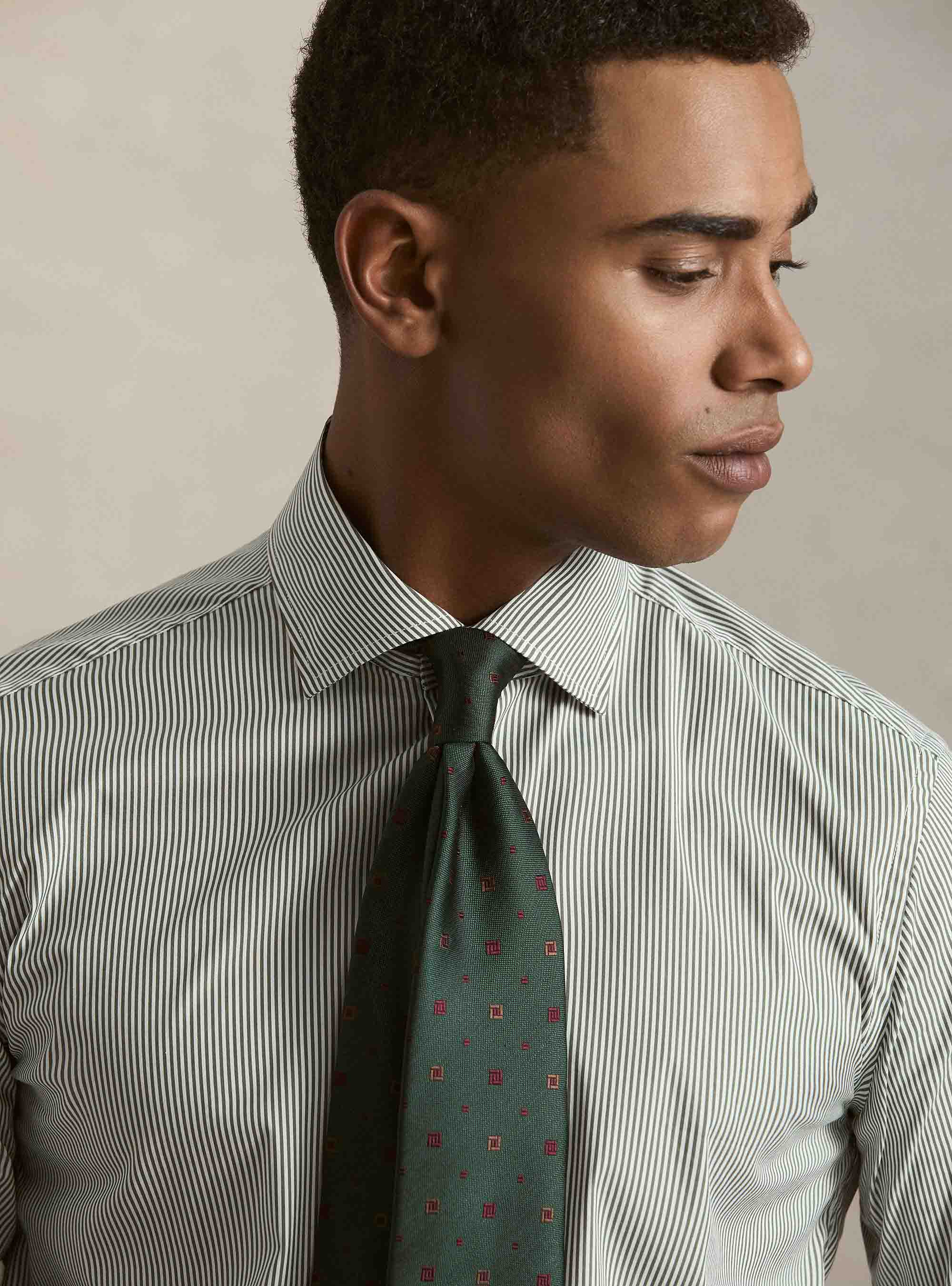 Camicia in cotone rigato popeline stretch, VERDE