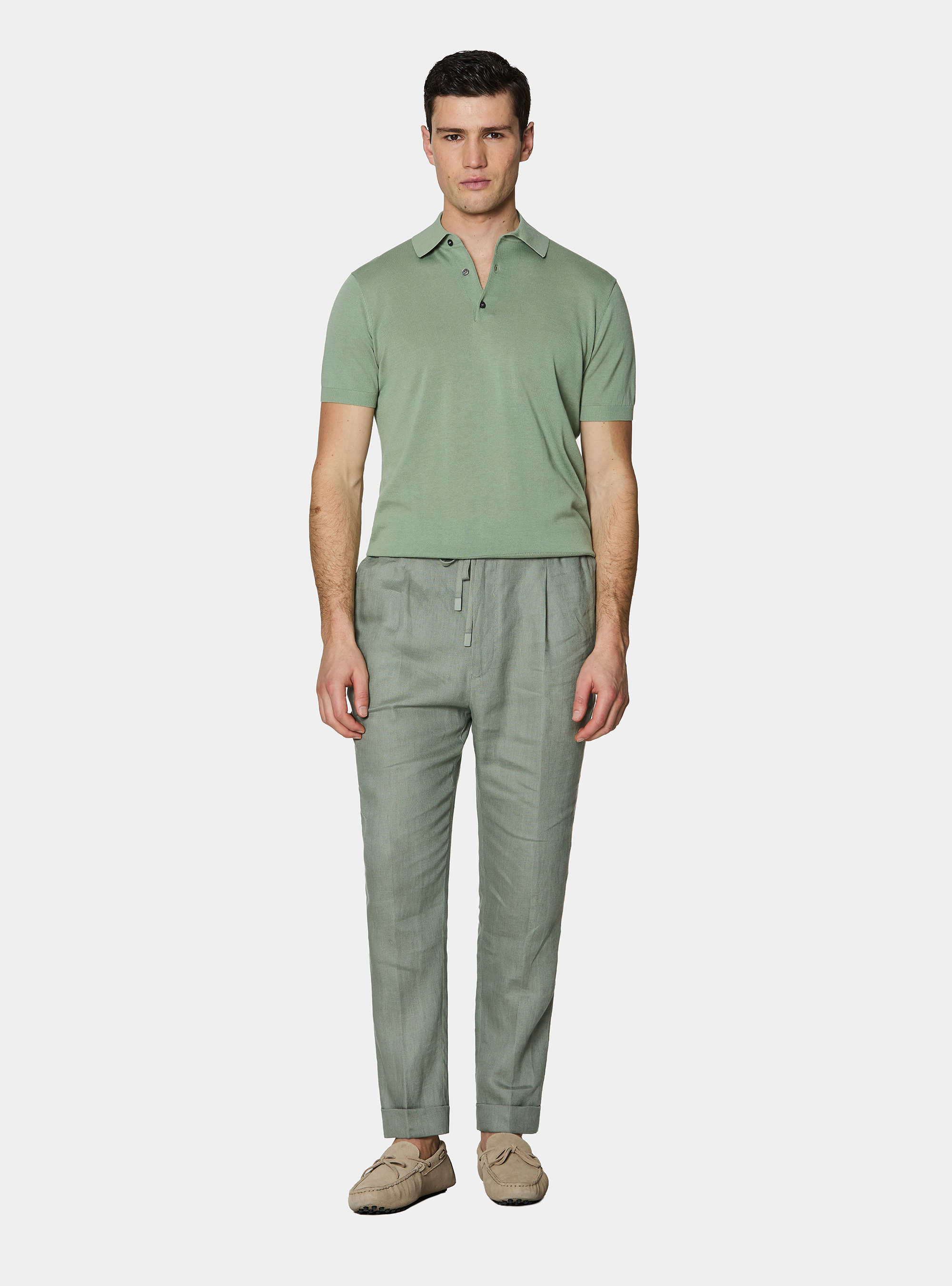 Pantaloni in puro lino con pince e coulisse, SALVIA 0602C