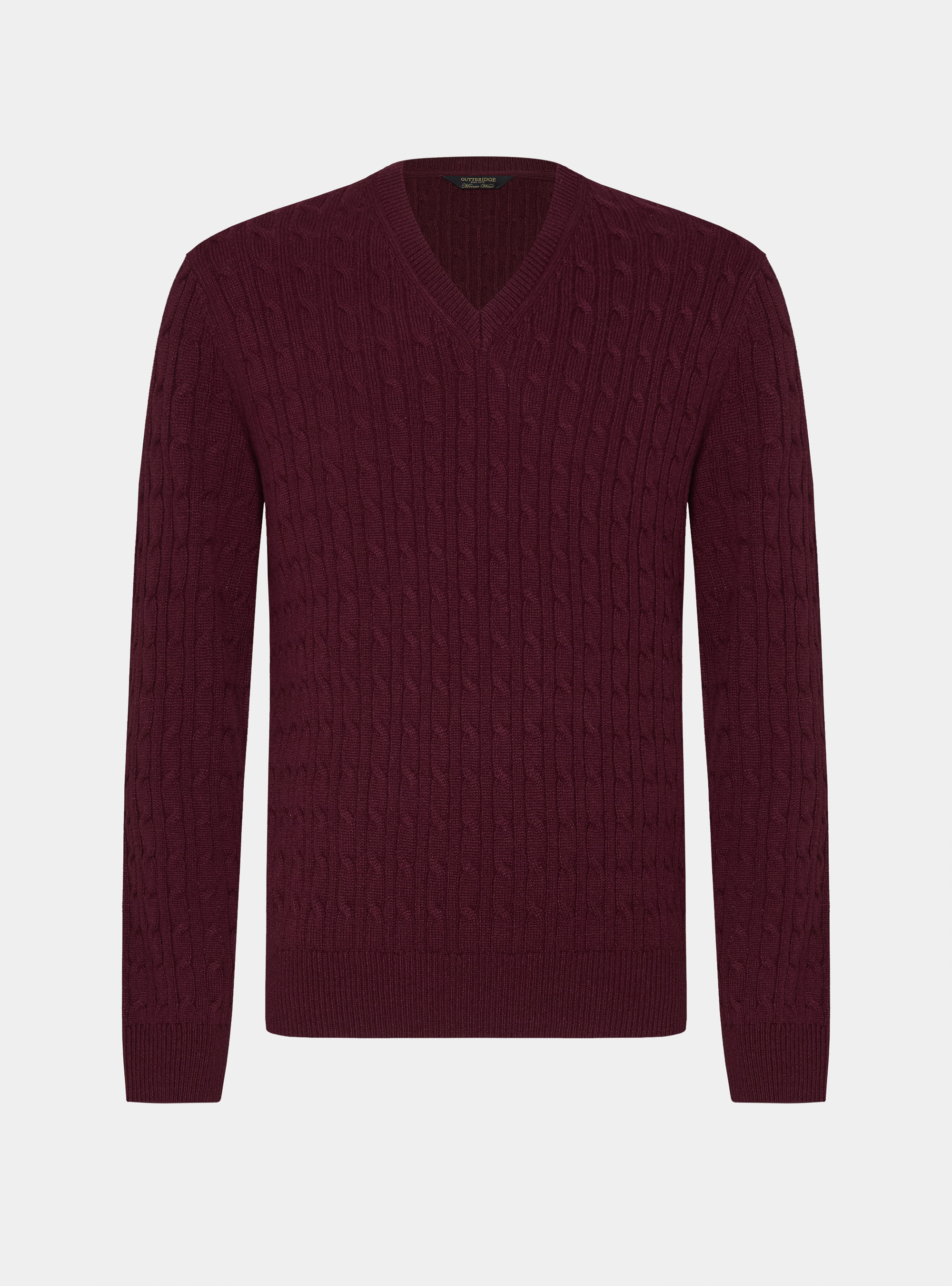 Maglia scollo a V con treccia in lana merino, BORDEAUX