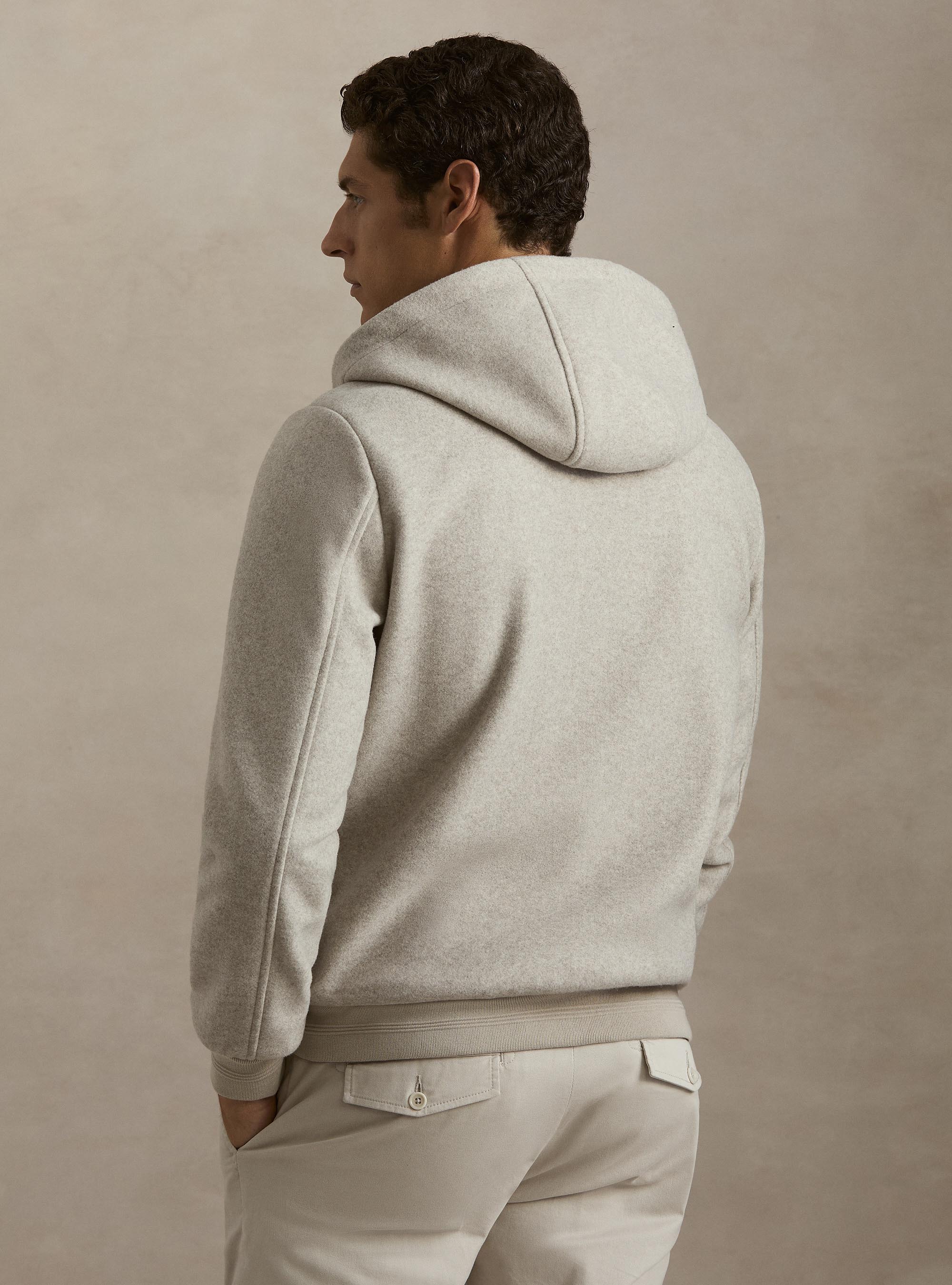 Giubbino in panno stretch con cappuccio, ECRU