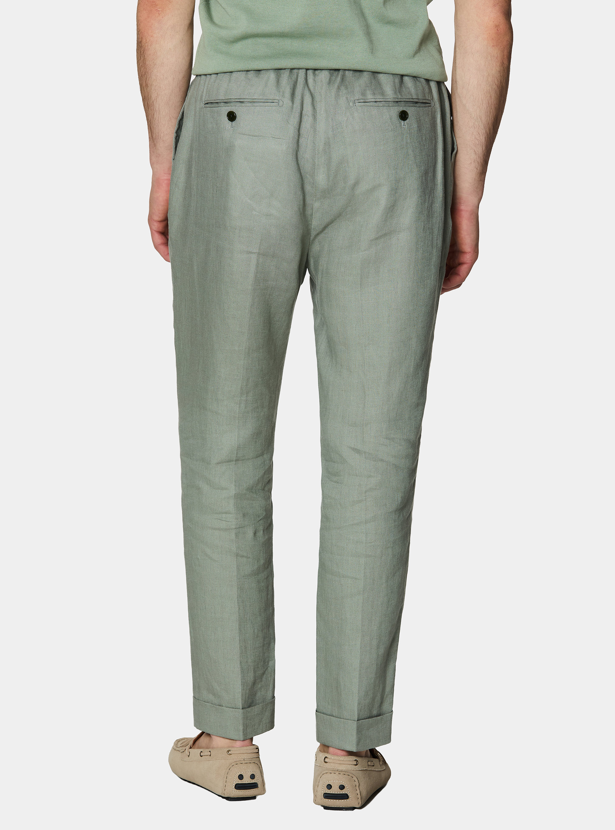 Pantaloni in puro lino con pince e coulisse, SALVIA 0602C