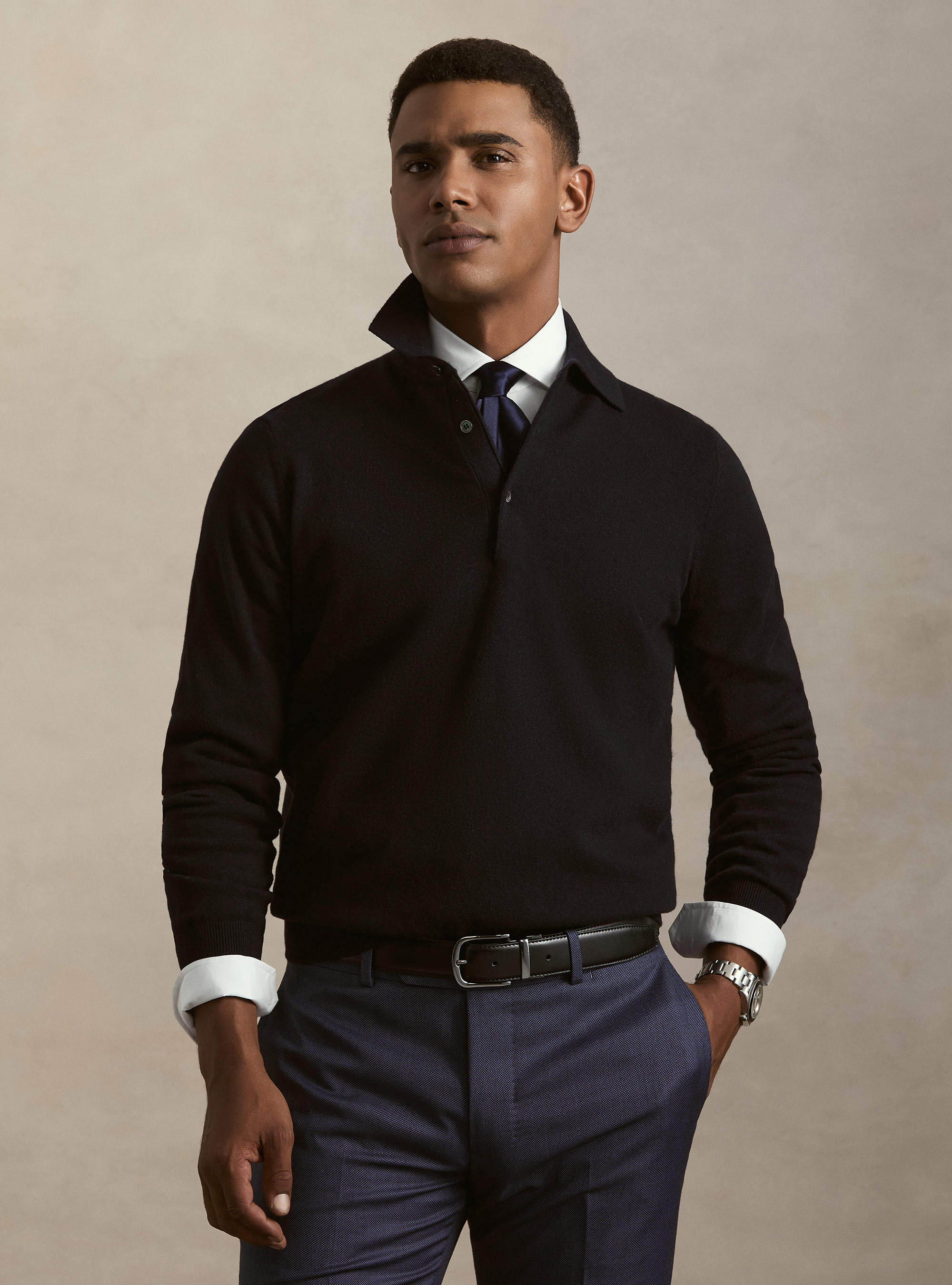 Polo a manica lunga in puro cashmere, BLU NAVY