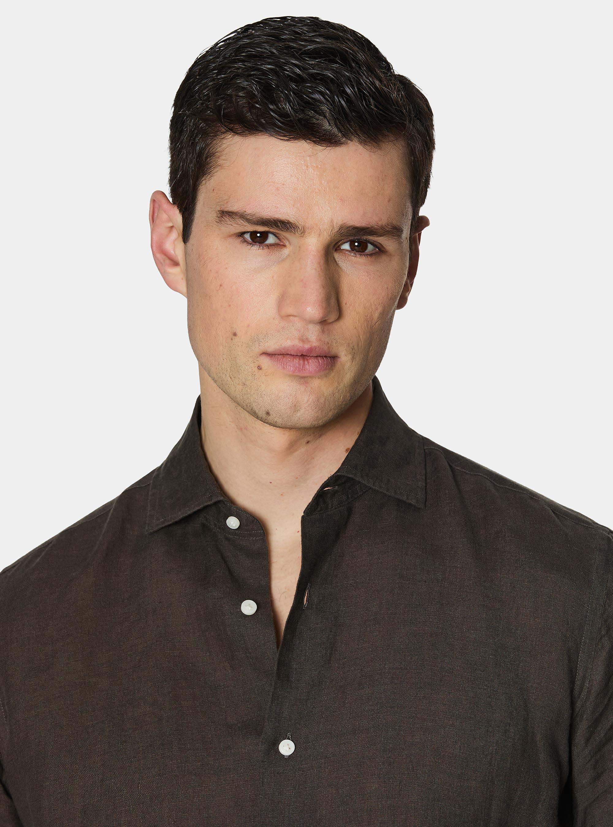 Camicia in puro lino, MARRONE
