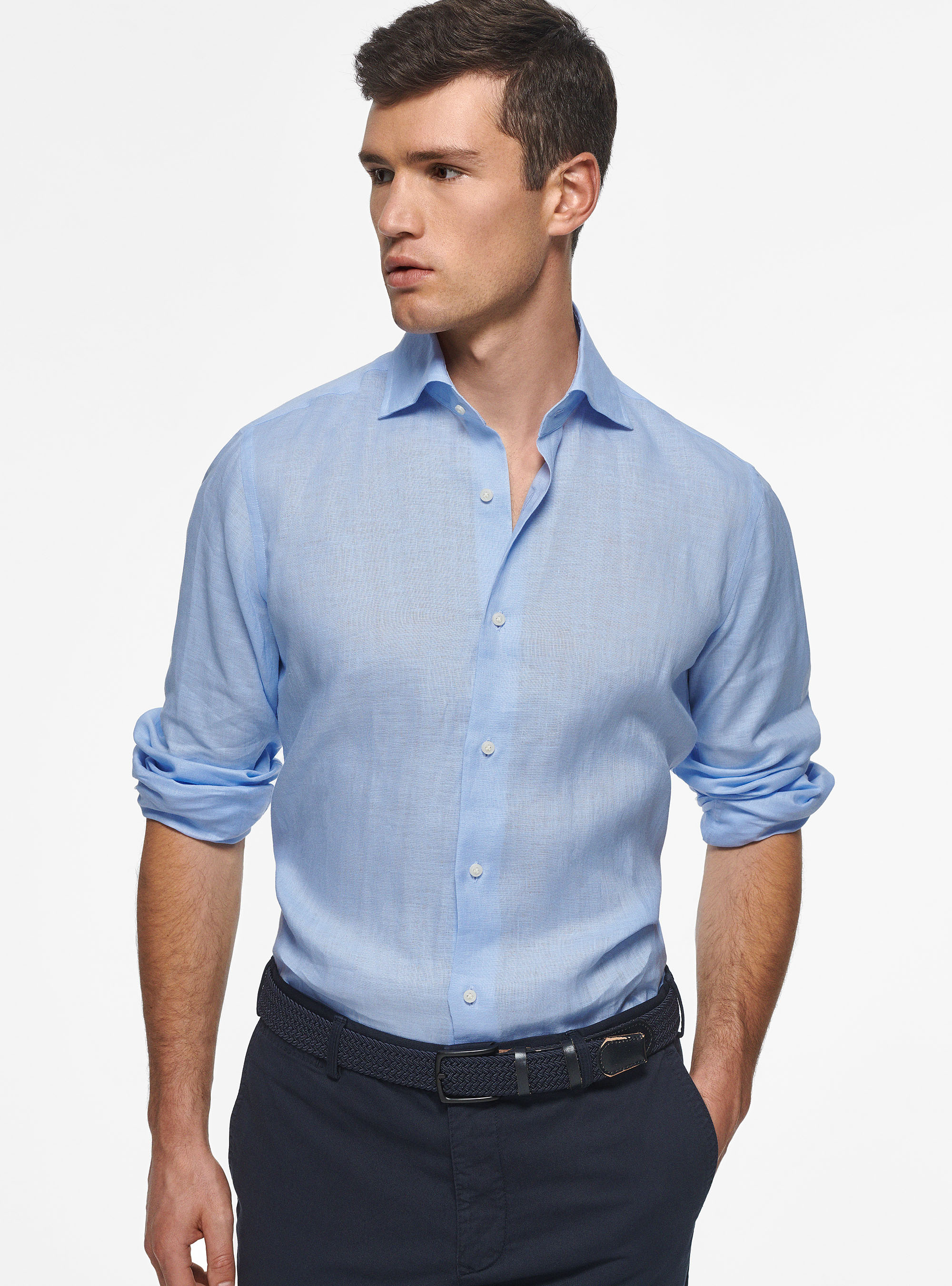 Camicia collo italiano in puro lino, AZZURRO