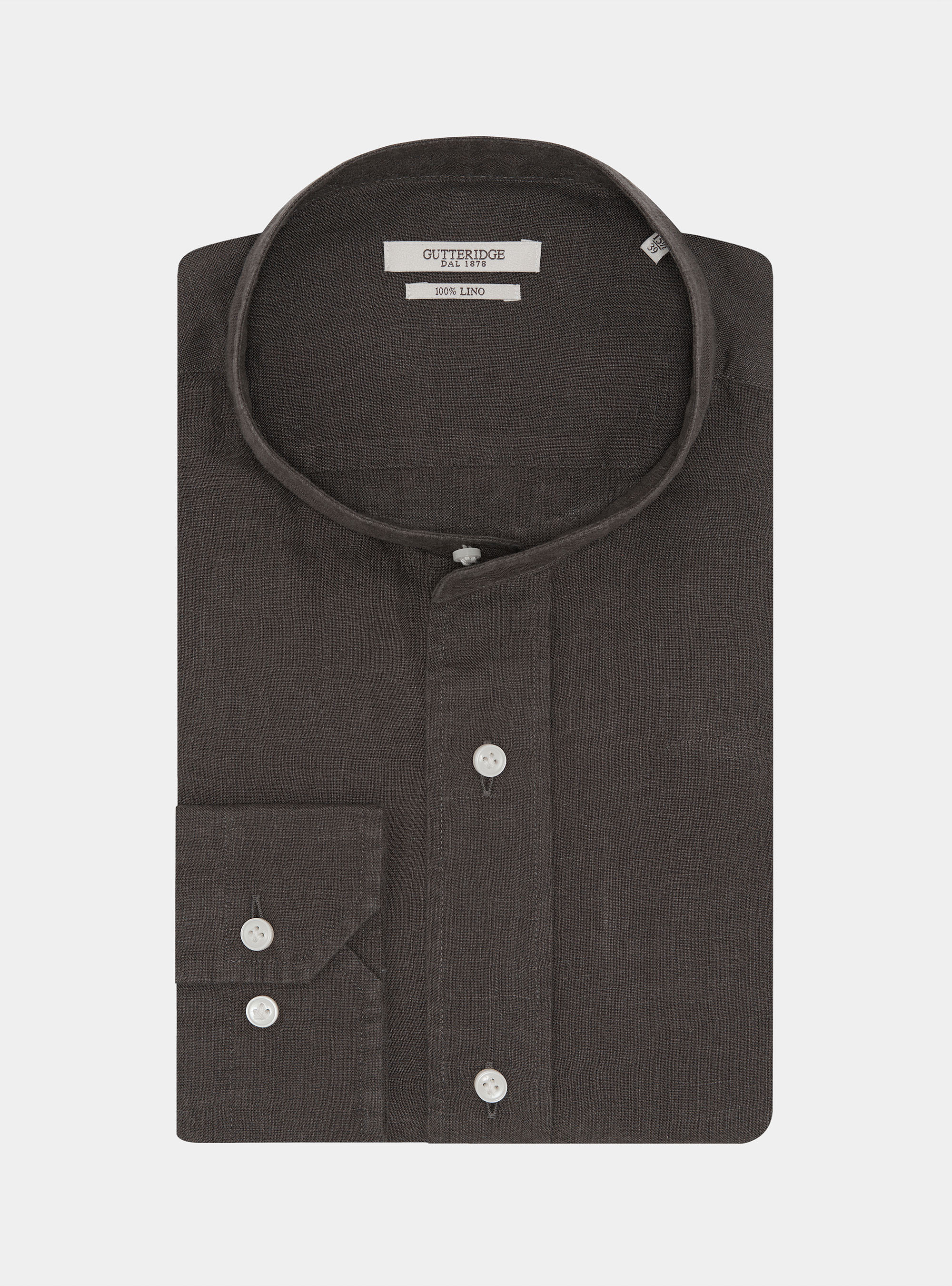 Camicia coreana in puro lino, MARRONE