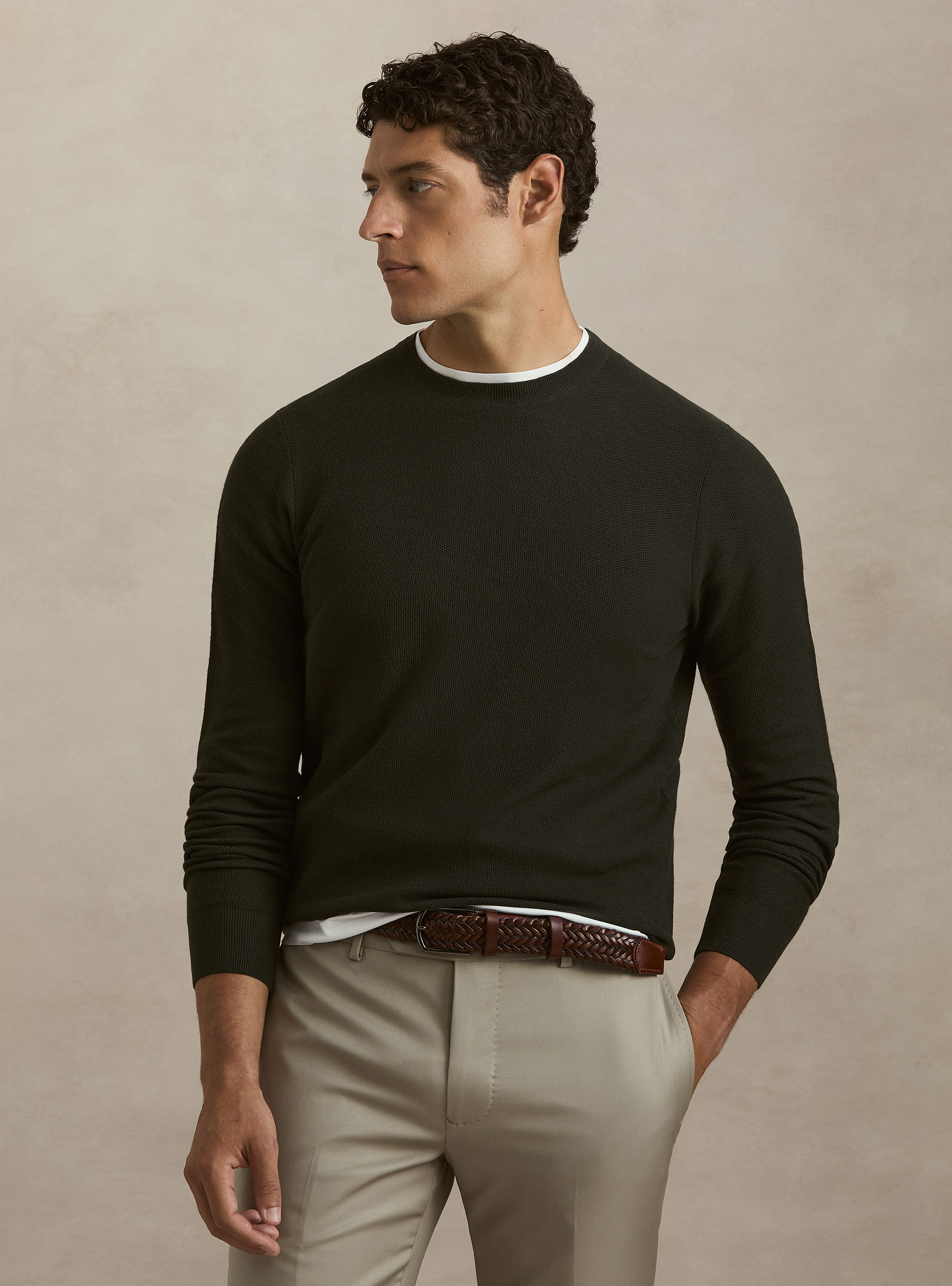 Maglia girocollo in cotone cashmere nido d'ape, MILITARE 0609C