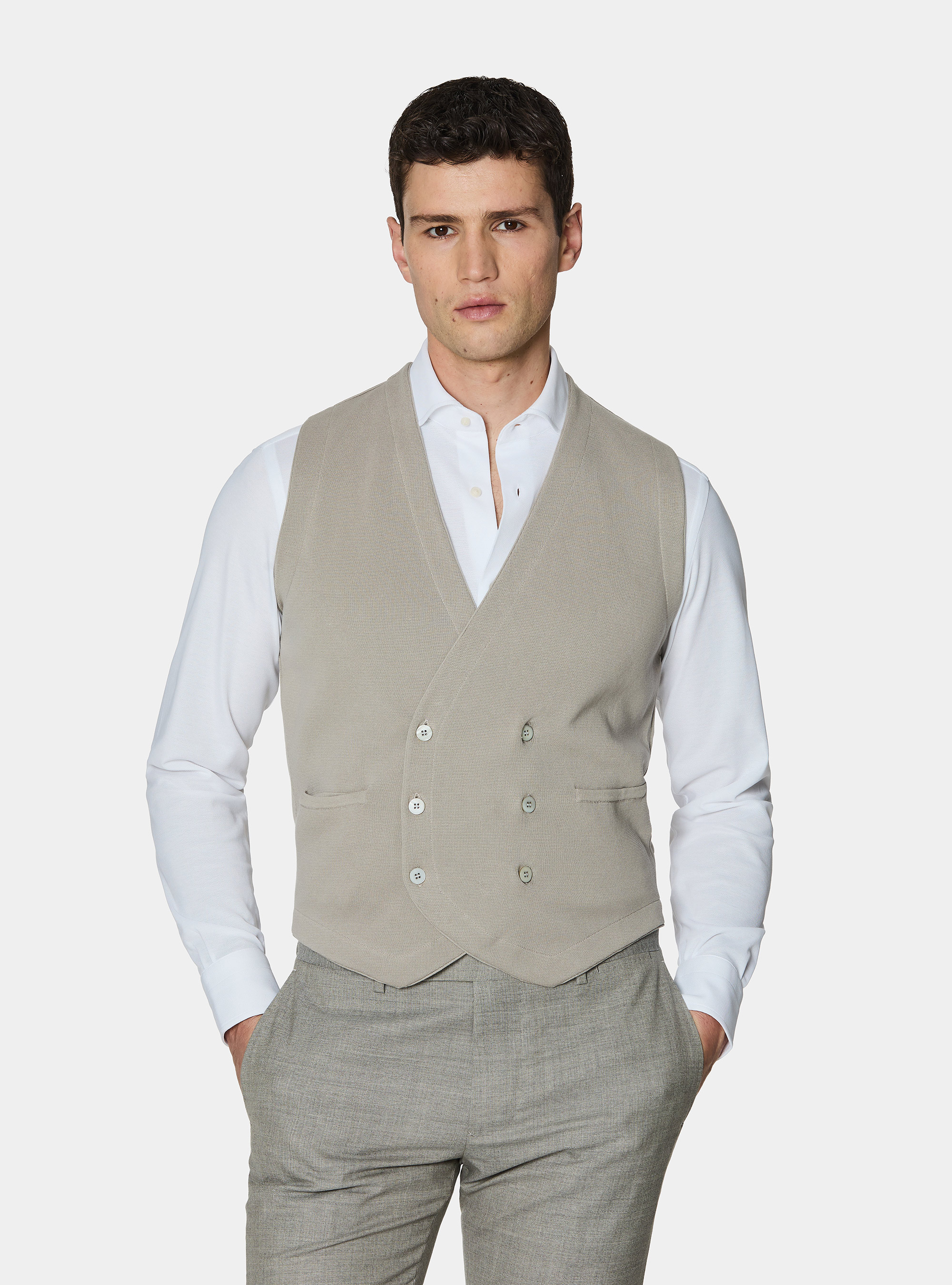 Gilet doppiopetto in maglia di cotone, SABBIA
