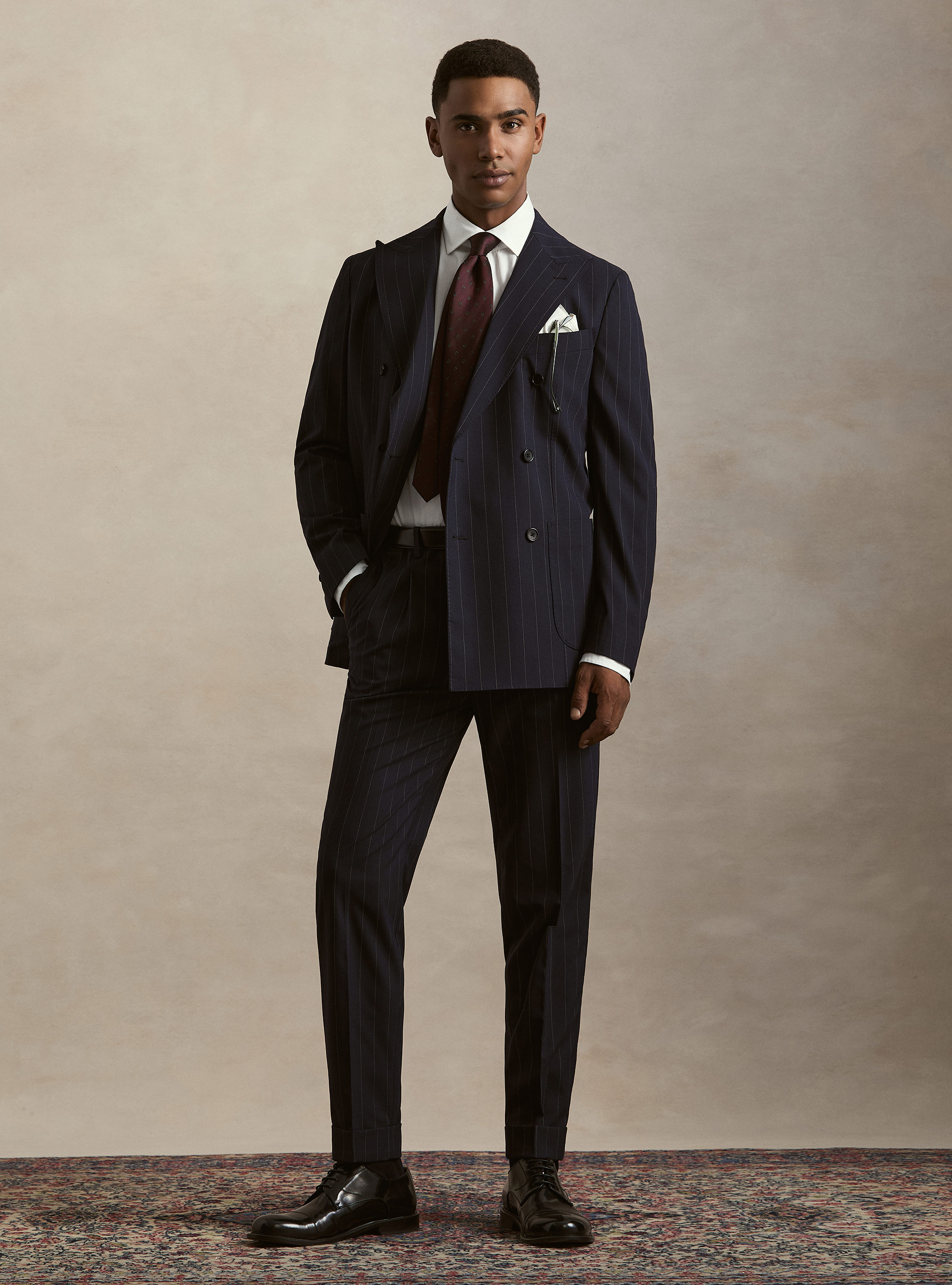 Giacca per abito doppiopetto gessata in tessuto stretch, BLU NAVY