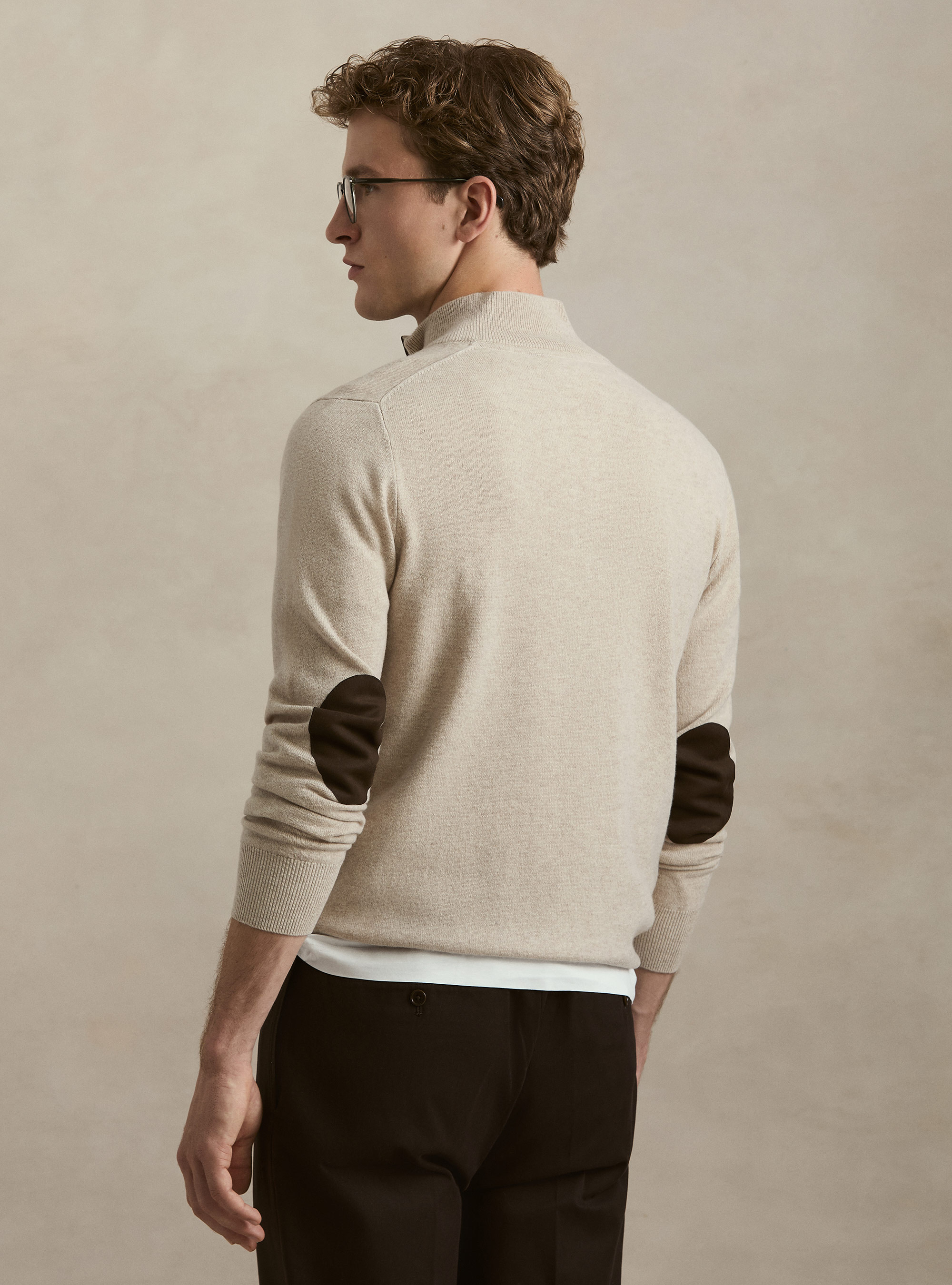 Maglia mezza zip in lana lambswool e cashmere, ECRU