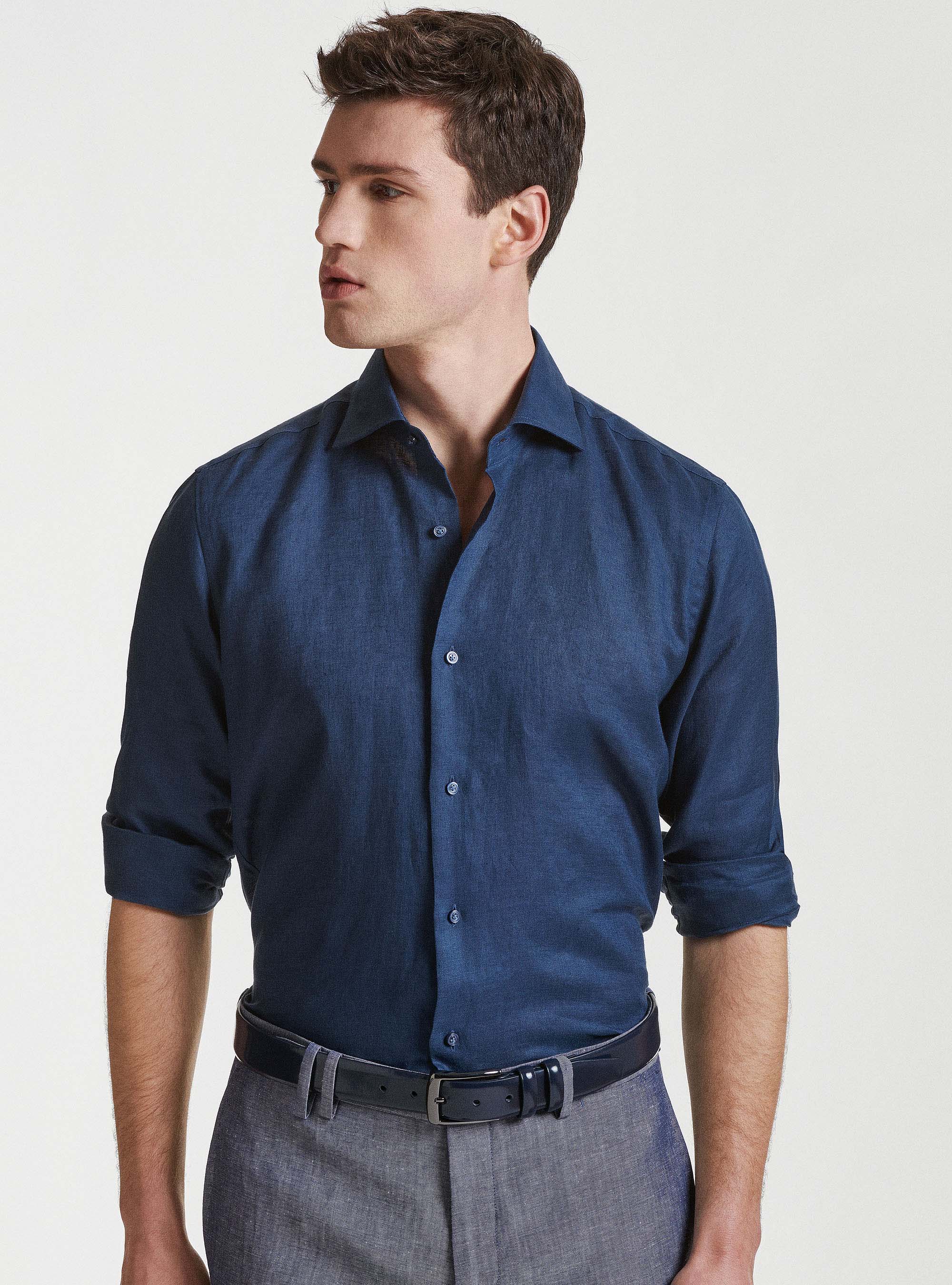 Camicia in puro lino con collo semi francese, BLU NAVY