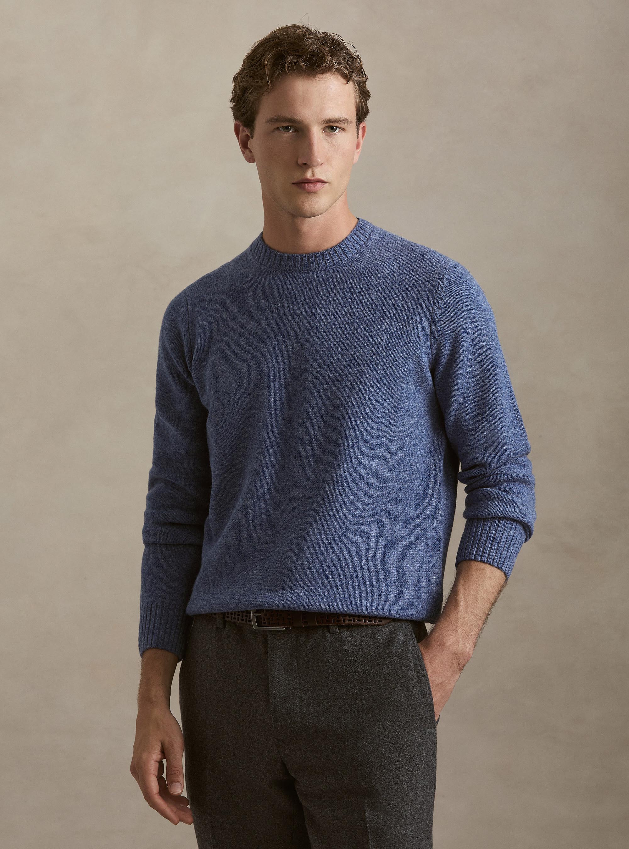 Maglia girocollo in pura lana shetland, 0243C DENIM