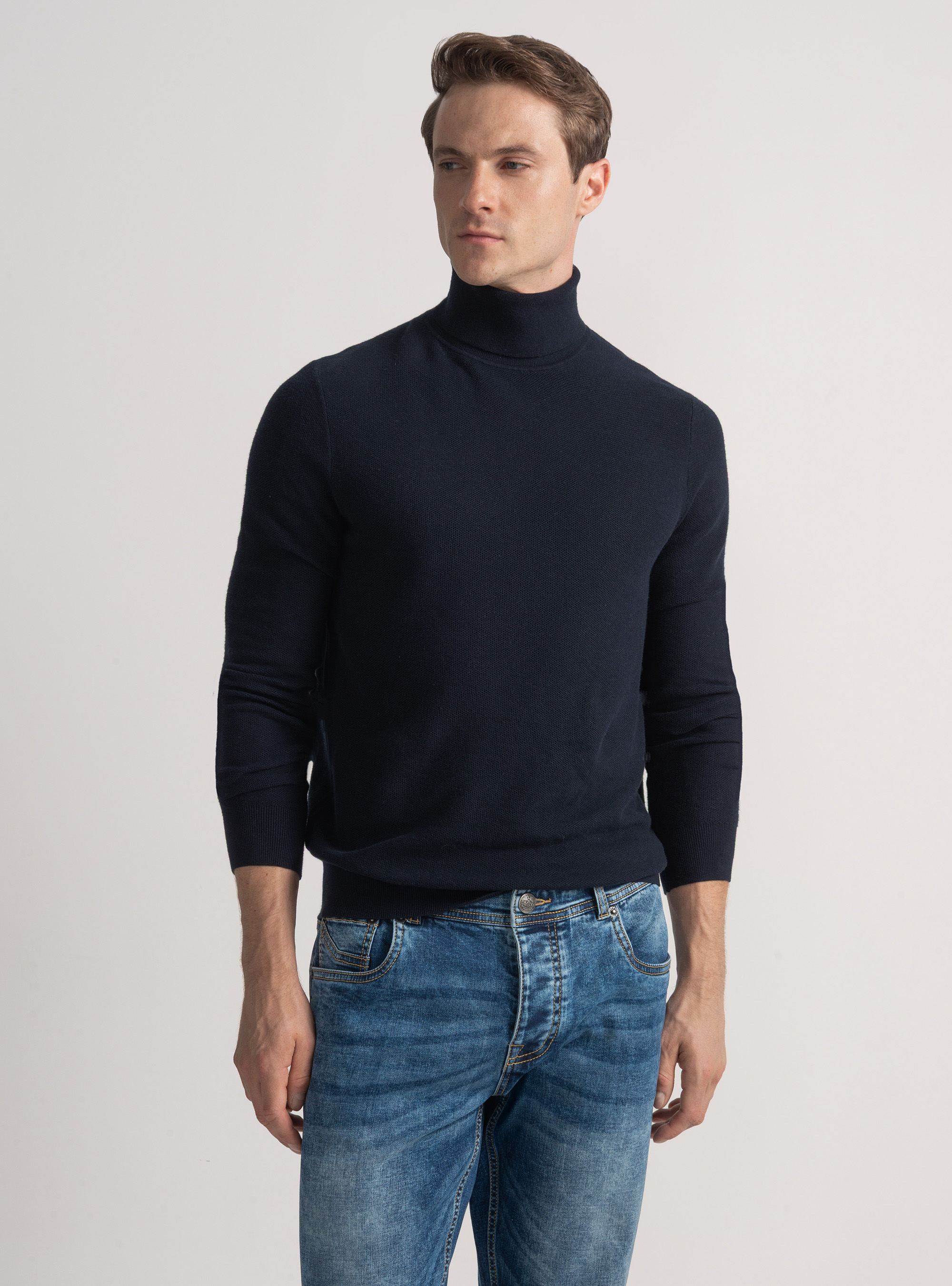 Dolcevita nido d'ape in cotone cashmere, BLU NAVY