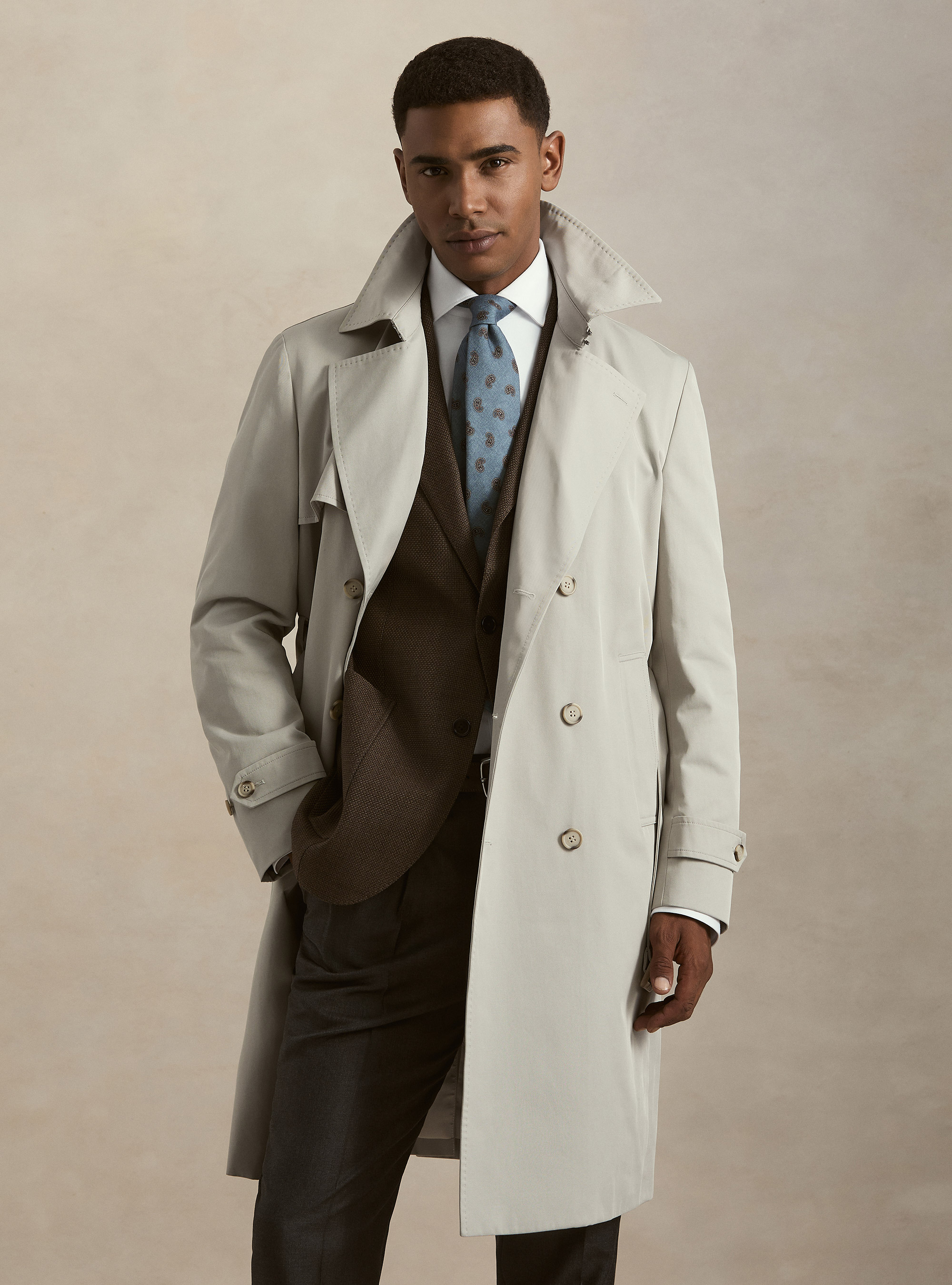 Trench doppiopetto in misto cotone, ECRU