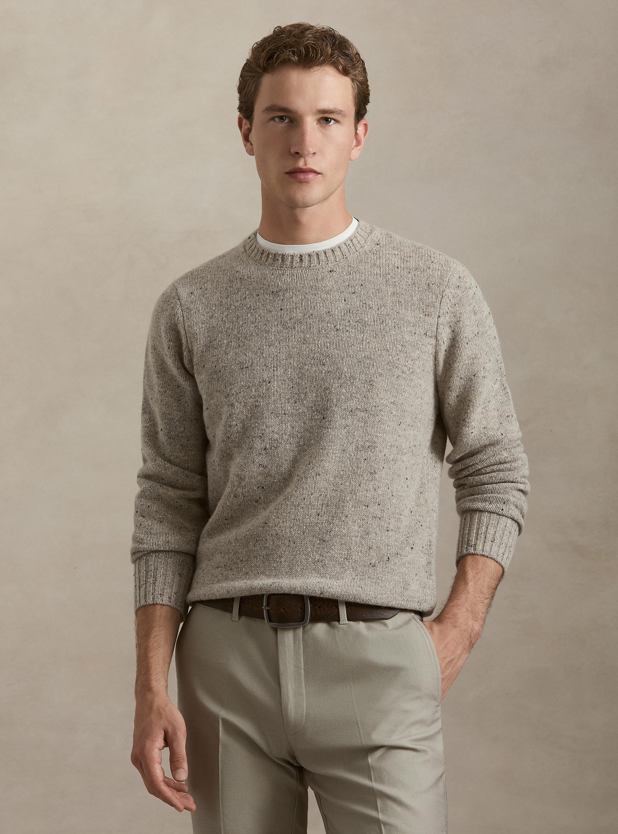 Girocollo in maglia bottonato misto lana merino, GRIGIO CHIARO MELANGE