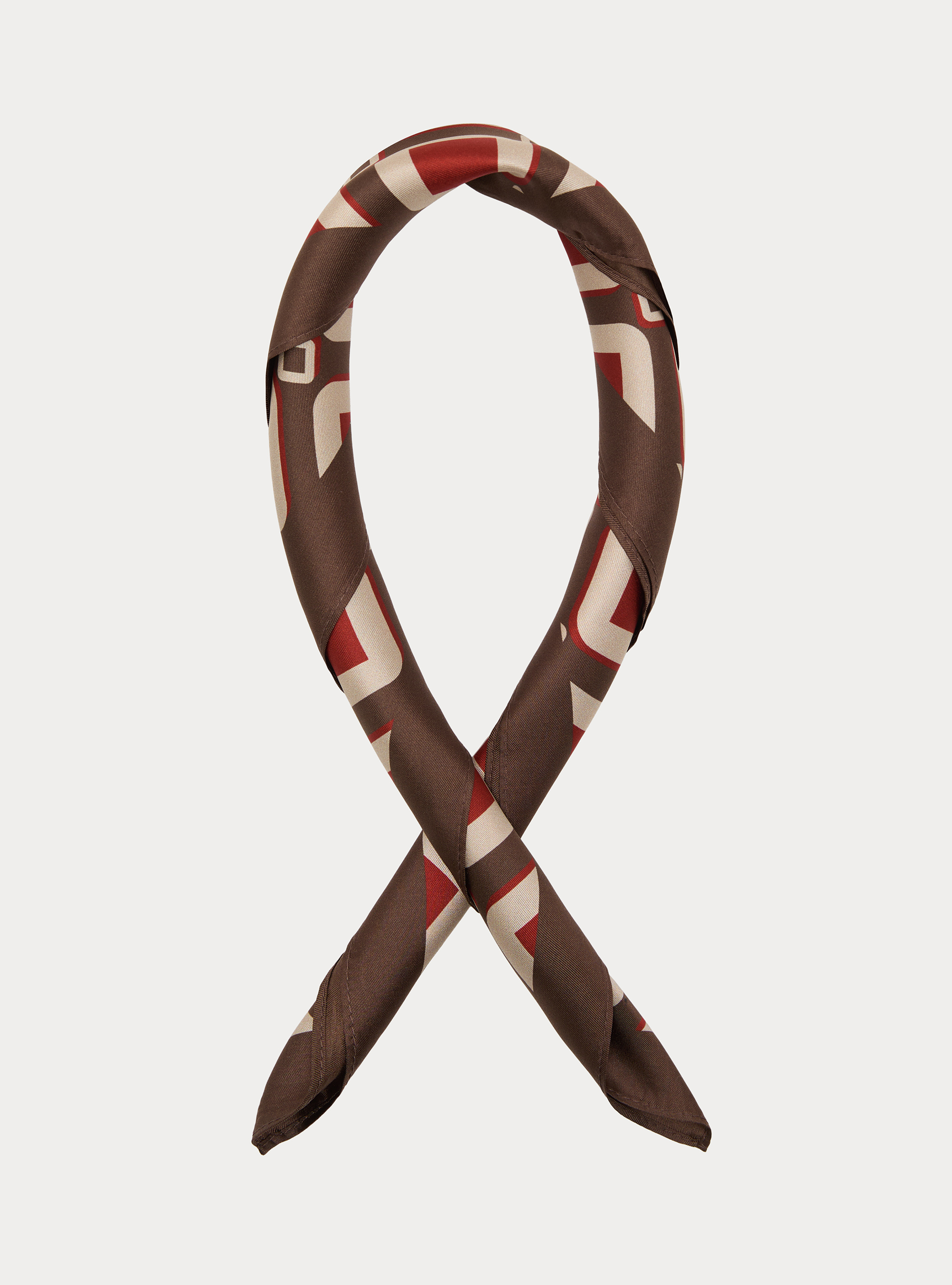 Foulard in seta stampata a fantasia geometrica, MARRONE