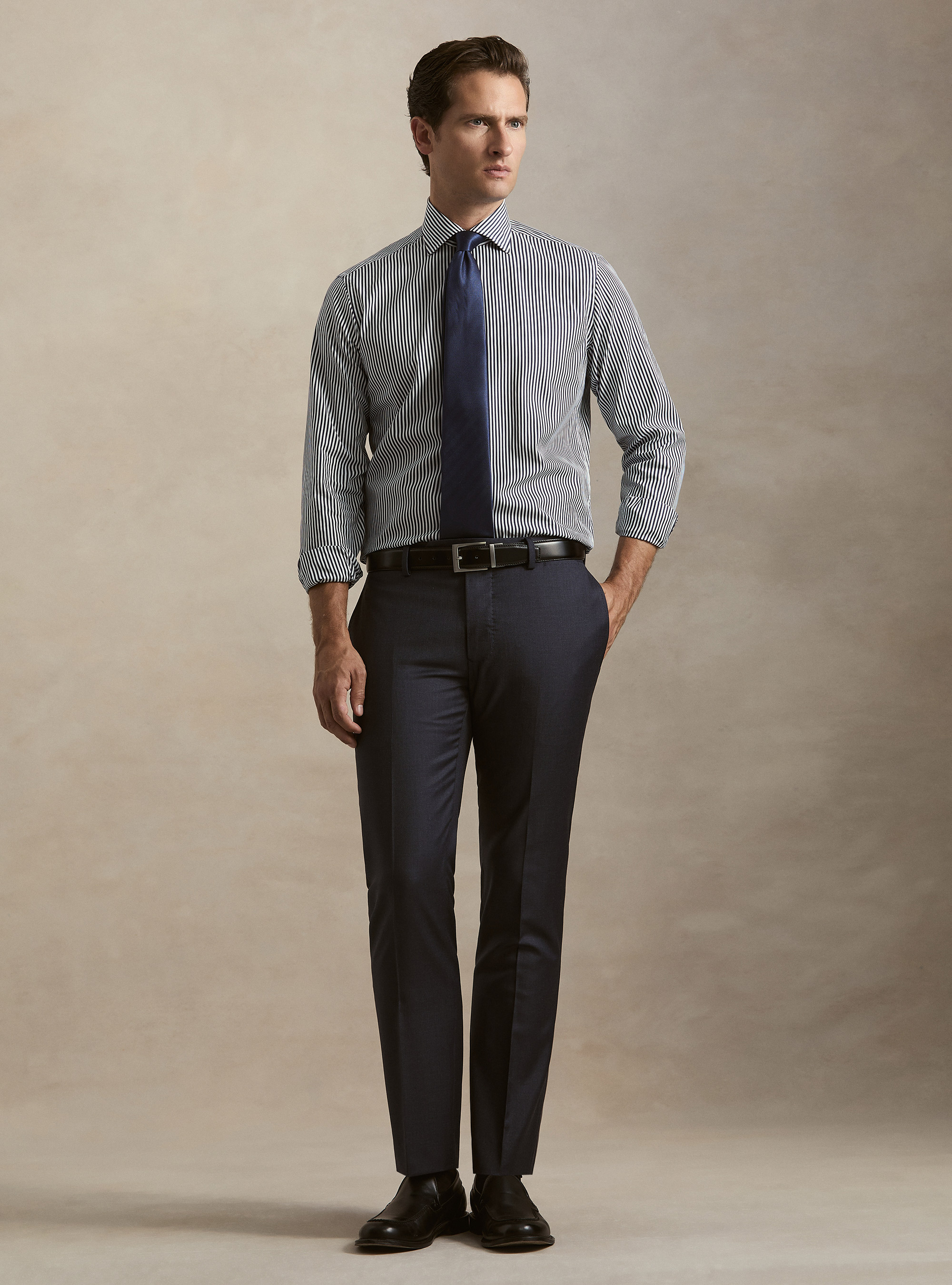 Camicia rigata in cotone popeline, BLU NAVY