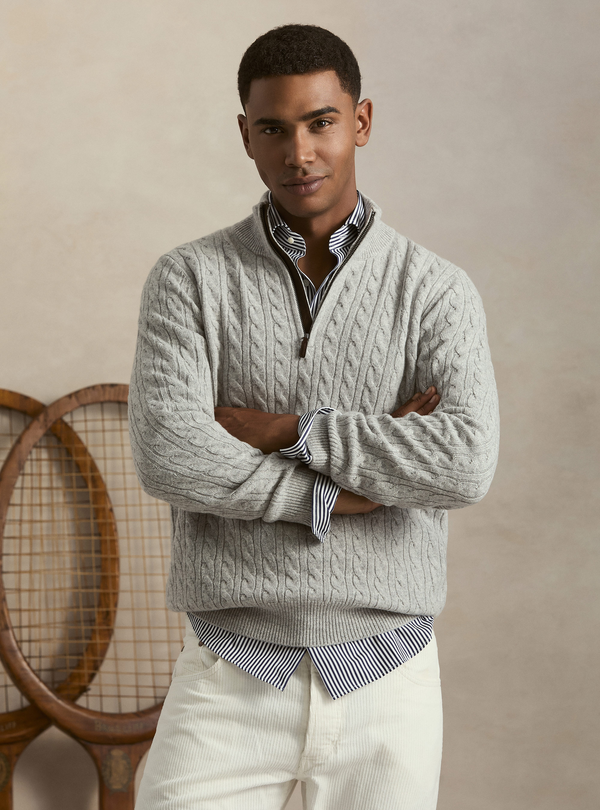 Maglia lupetto a trecce in lana e cashmere, GRIGIO CHIARO MELANGE