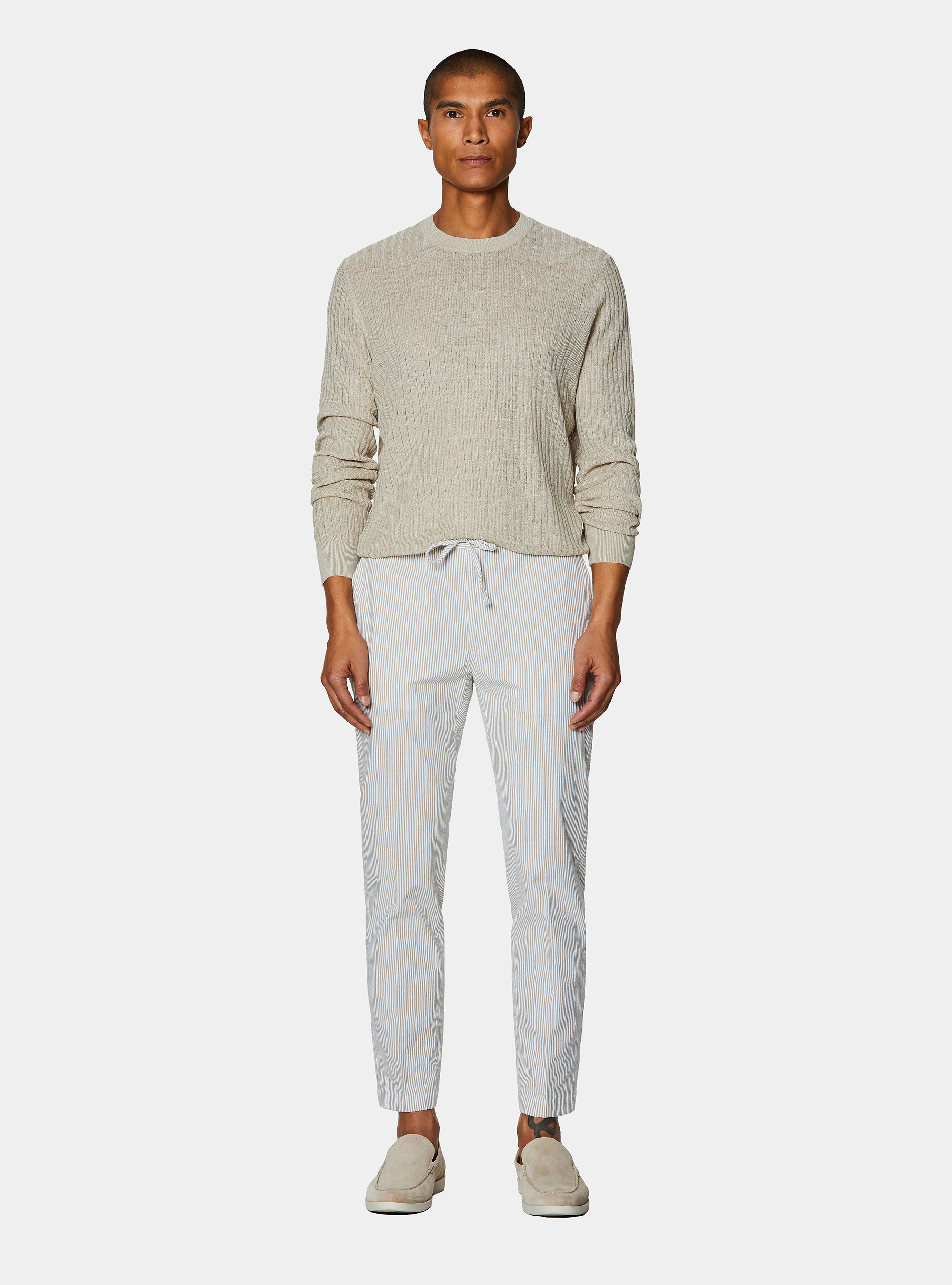 Pantaloni rigati con coulisse in misto cotone seersucker, SABBIA