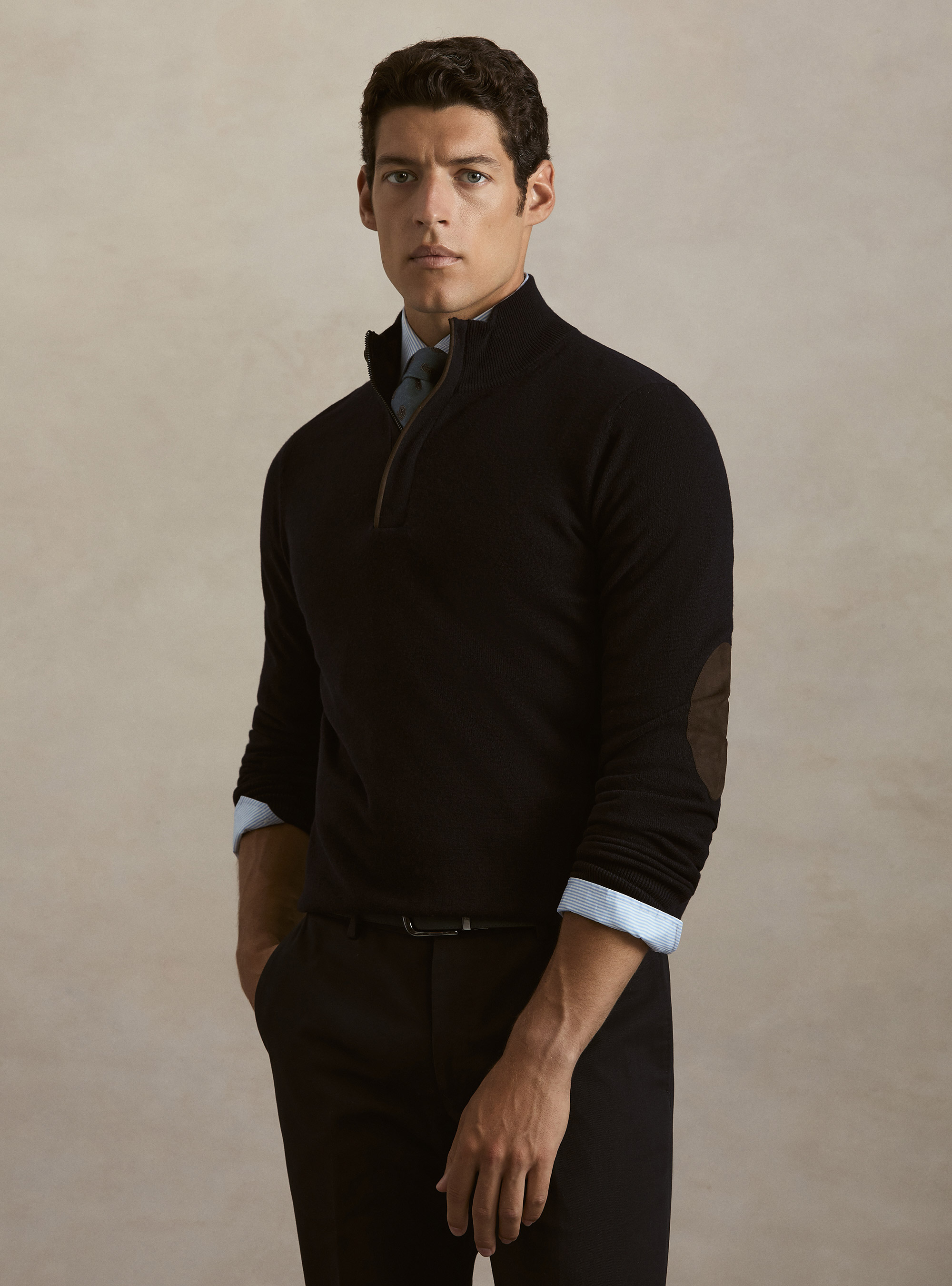 Maglia mezza zip in lana lambswool e cashmere, BLU NAVY