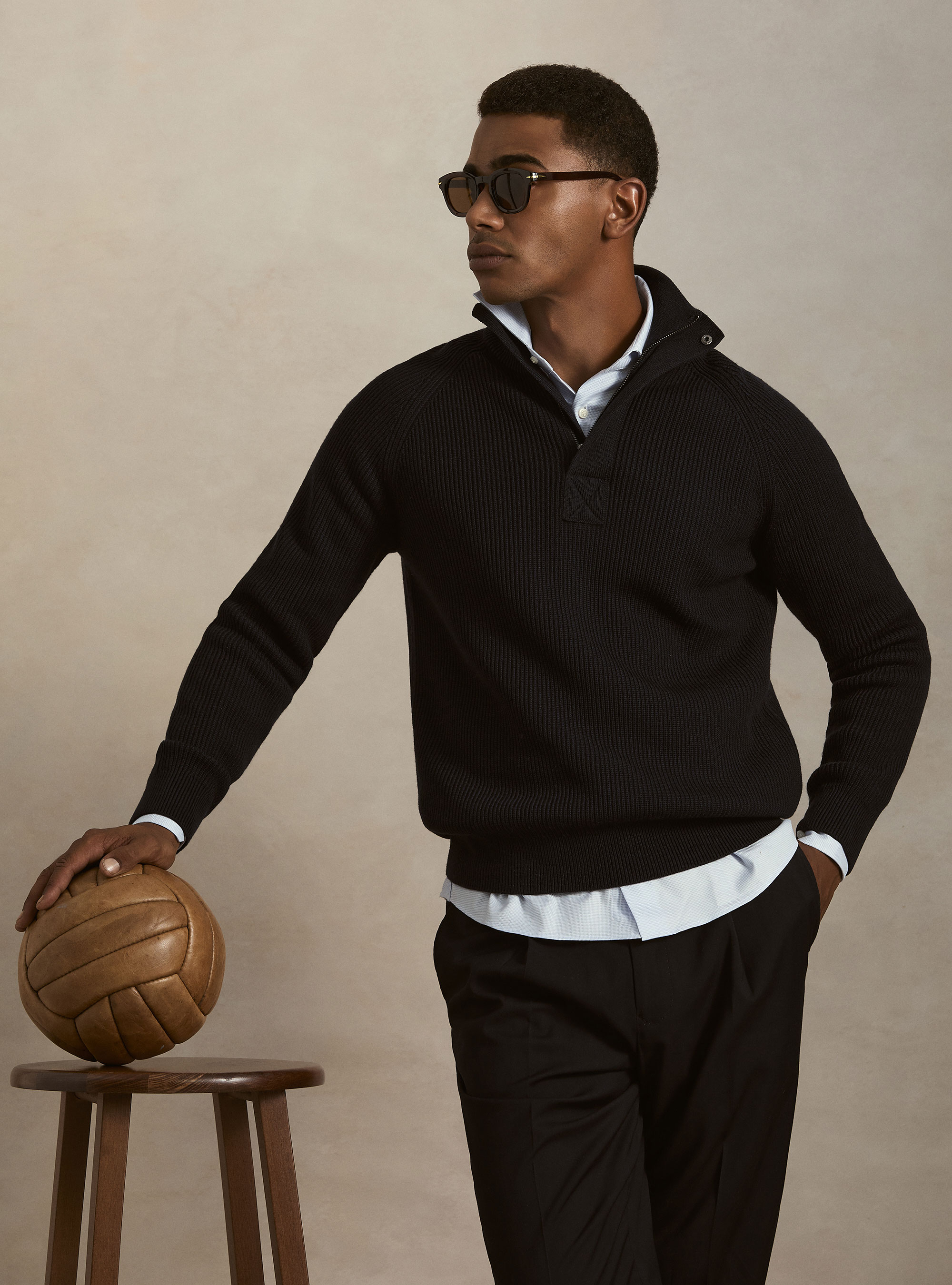 Maglia mezza zip in lana e cotone a coste, BLU NAVY