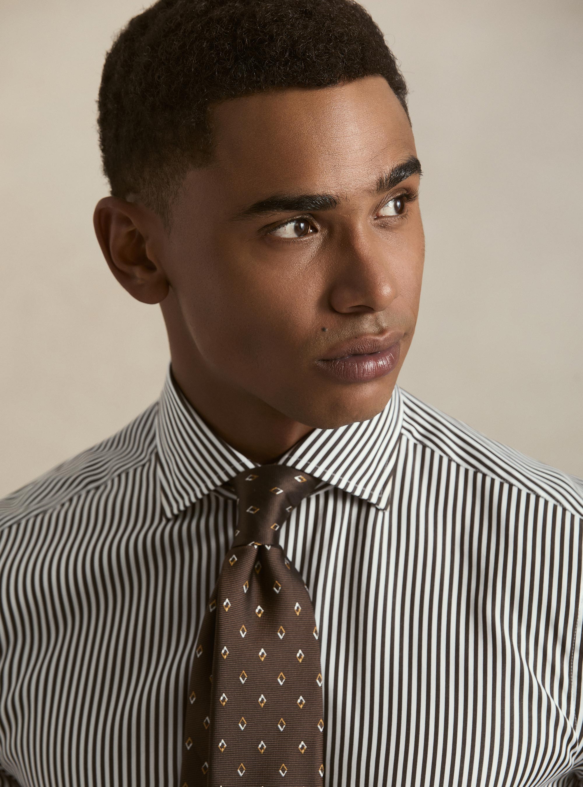 Camicia rigata in cotone popeline, MARRONE