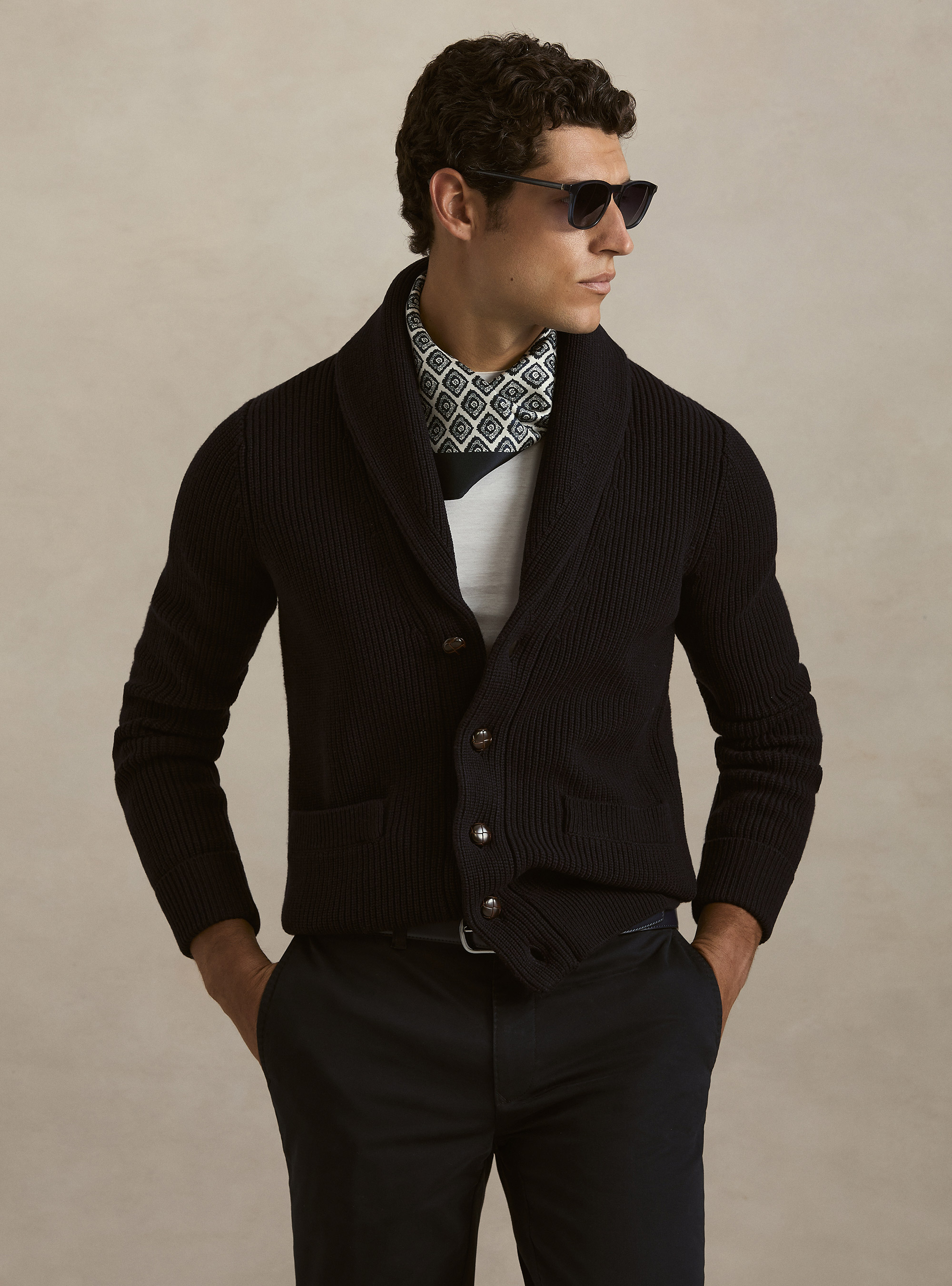 Cardigan in maglia sciallato in lana merino, BLU NAVY