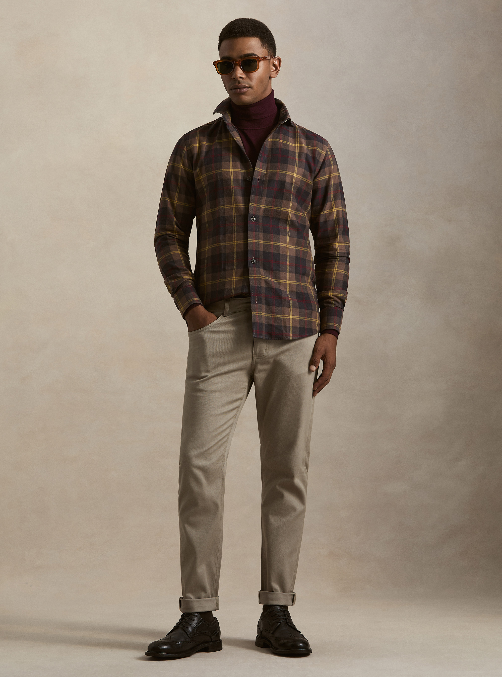 Camicia relaxed fit in misto cotone a quadri, MARRONE