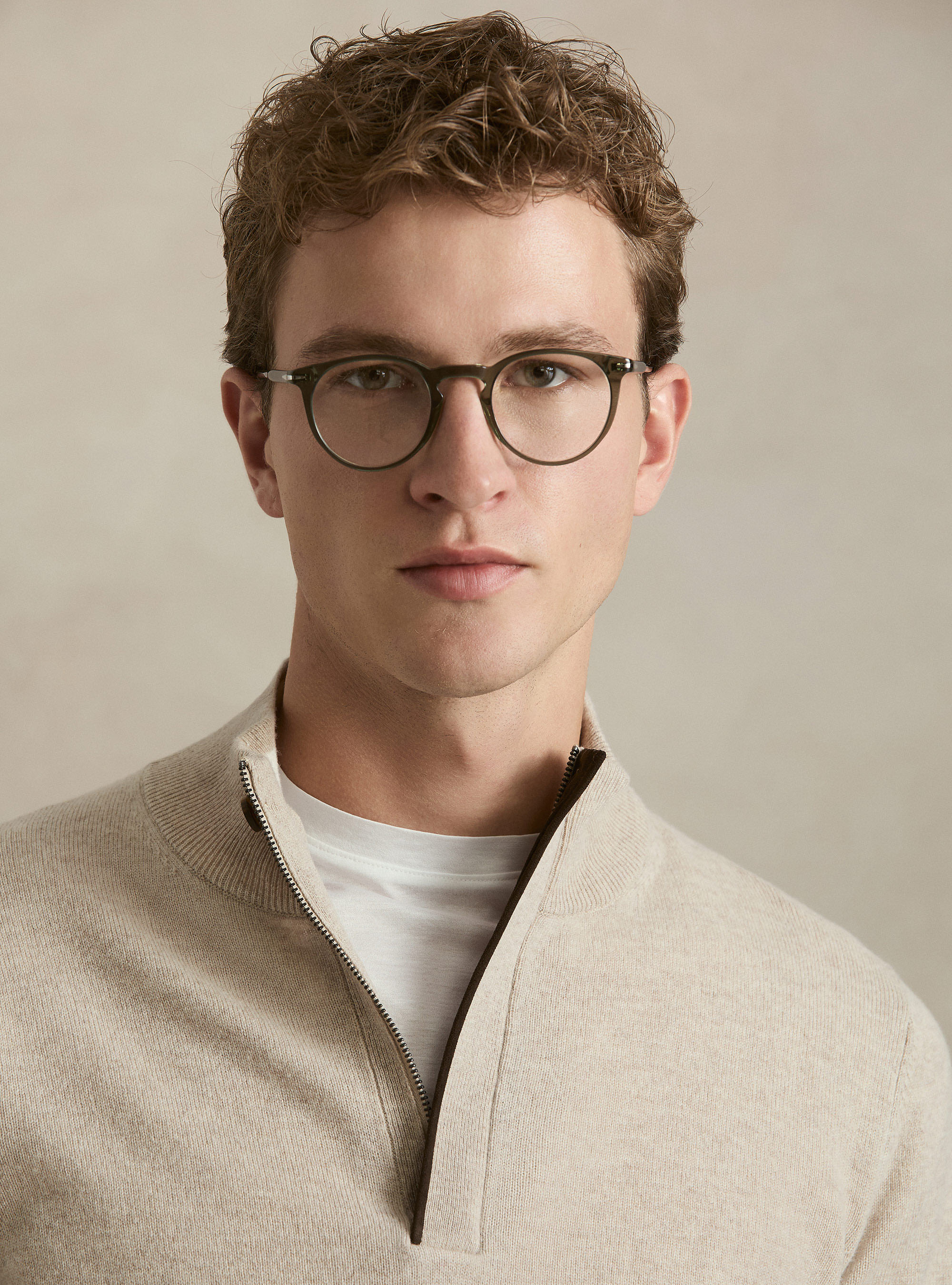 Maglia mezza zip in lana lambswool e cashmere, ECRU