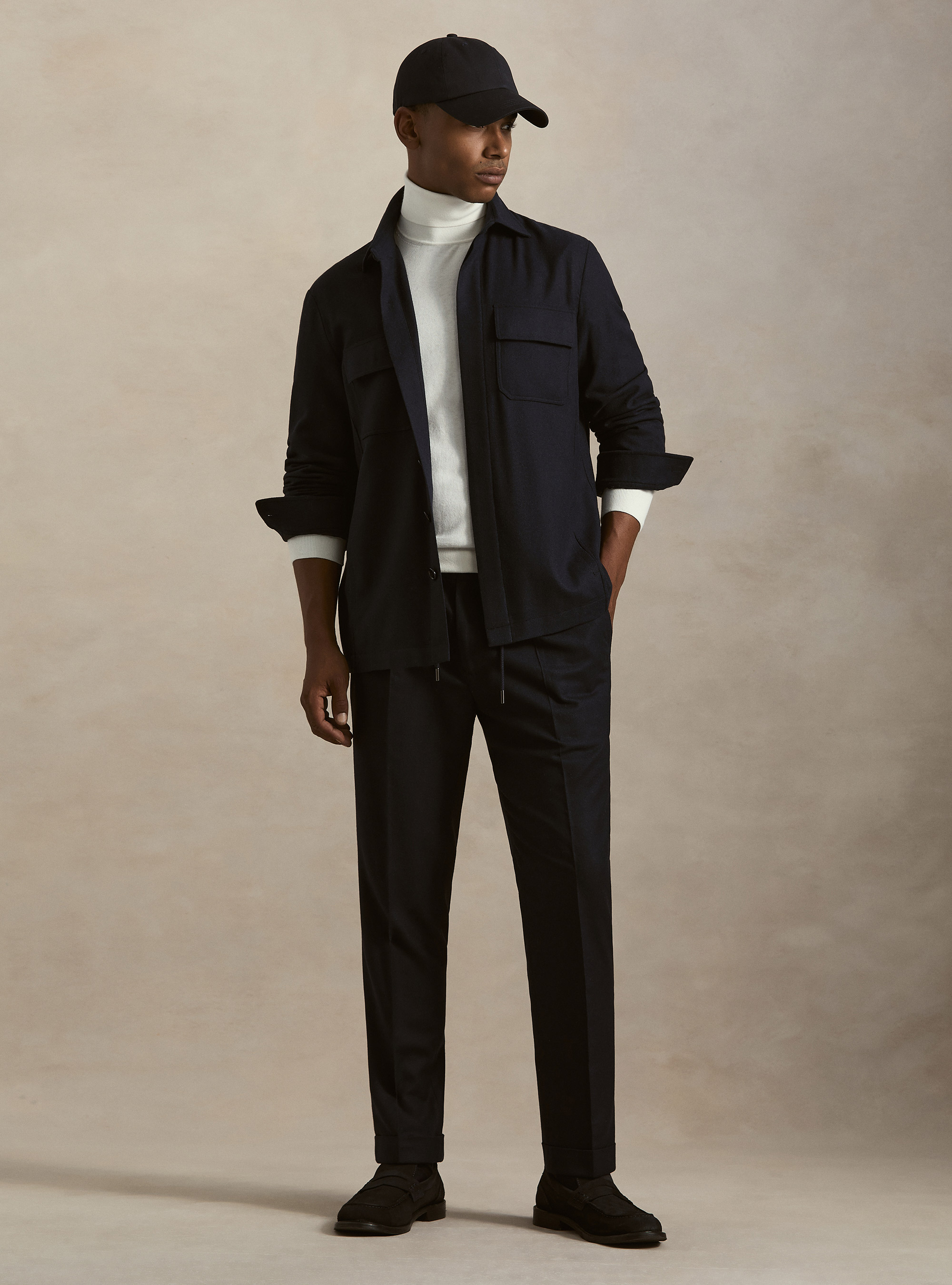 Giacca camicia leggera in flanella misto lana, NAVY