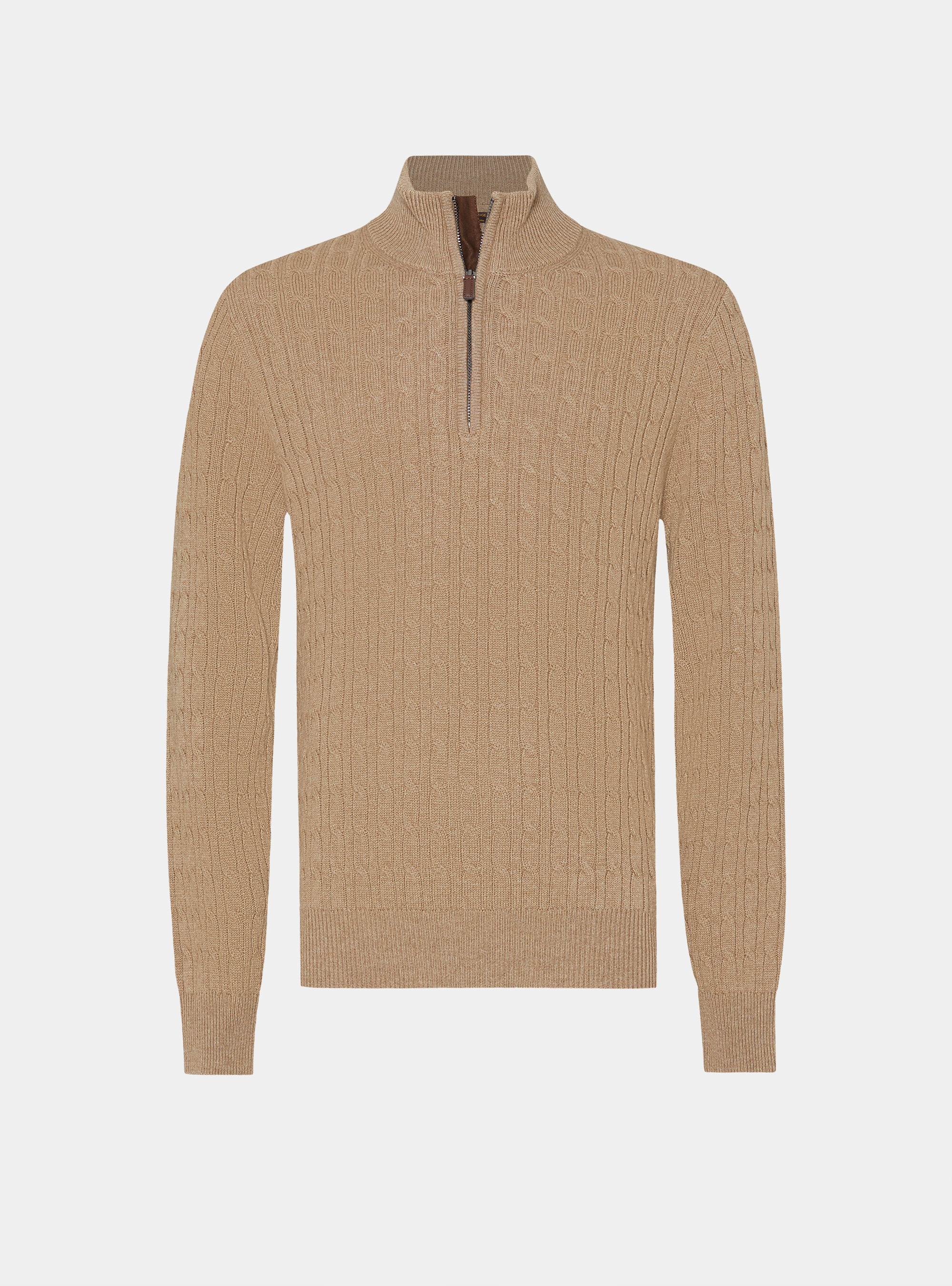 Maglia con collo mock e treccia in lana cashmere, CAMMELLO 0570C