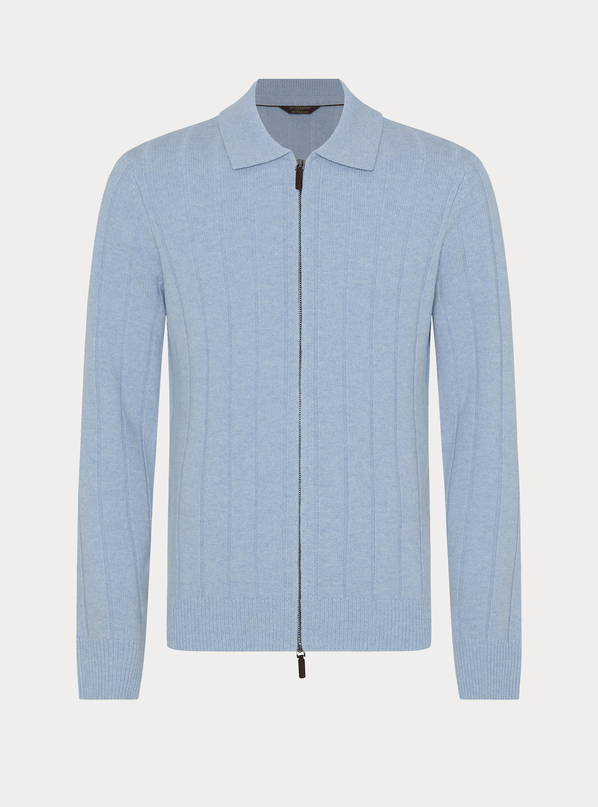Maglia full zip con colletto in lana e cashmere a costa piatta, AZZURRO POLVERE 0283C