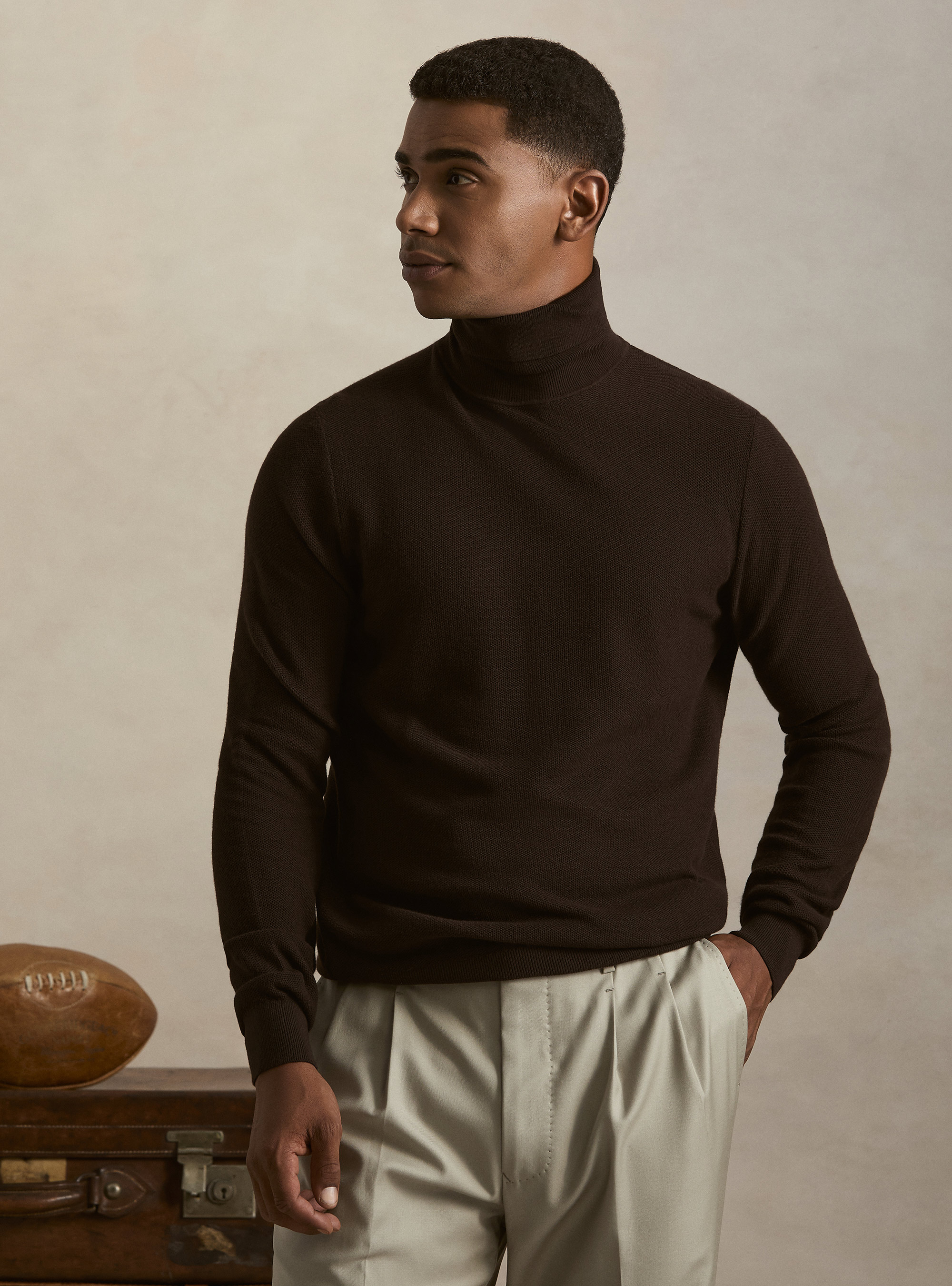 Dolcevita in maglia nido d'ape in cotone e cashmere, MARRONE