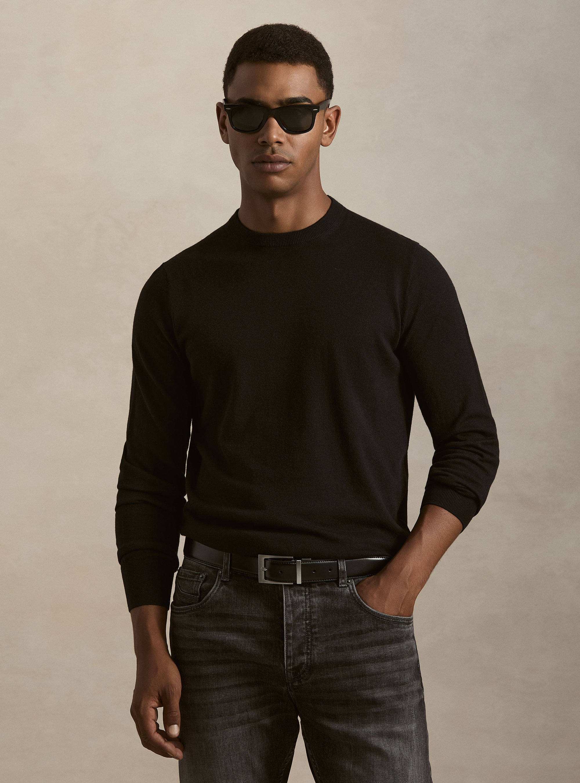 Maglia girocollo in cotone seta e cashmere, NERO