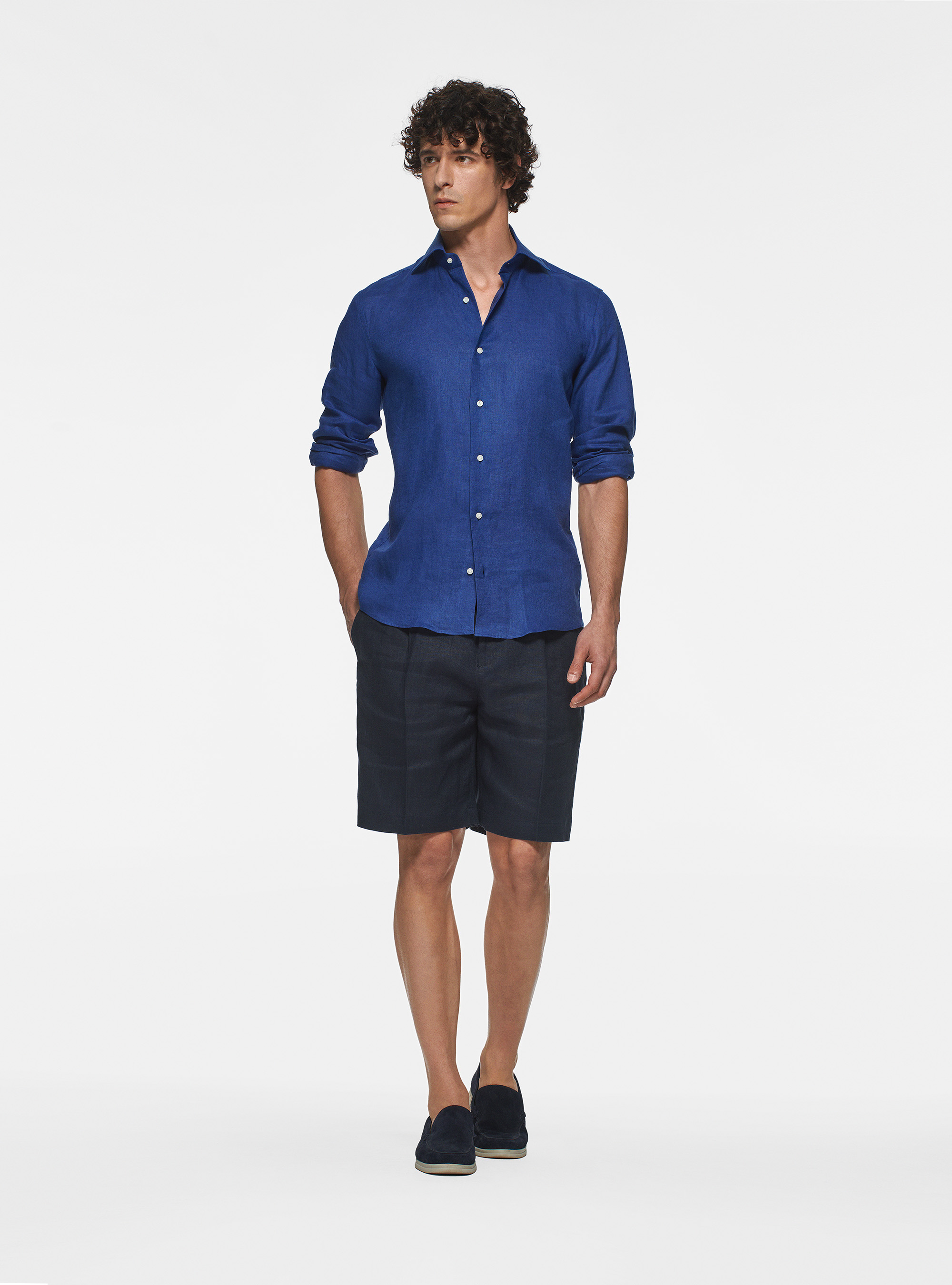 Camicia collo italiano in puro lino, BLU