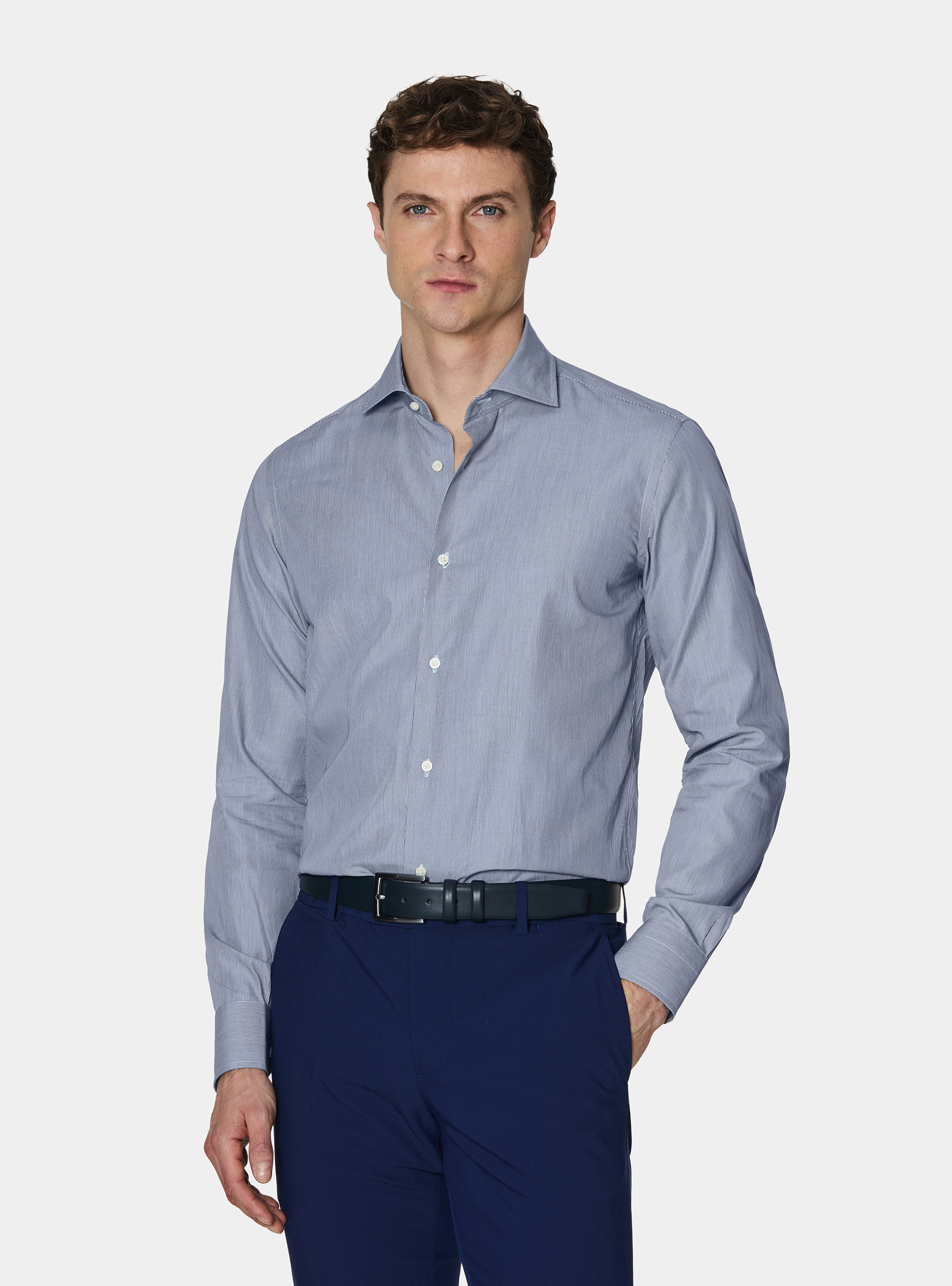 Camicia in popeline di cotone millerighe, BLU NAVY