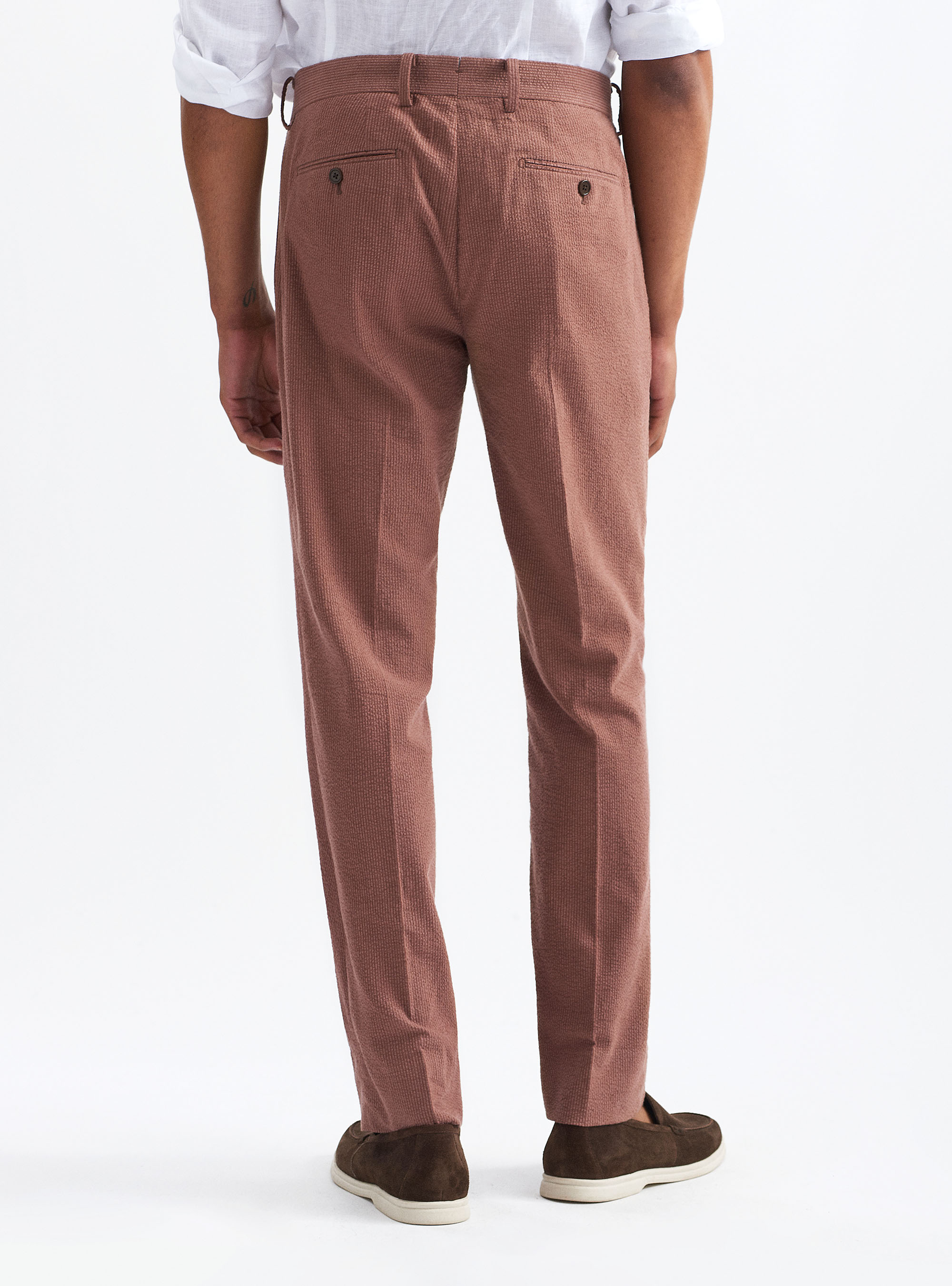 Pantaloni per abito seersucker in cotone stretch, TABACCO