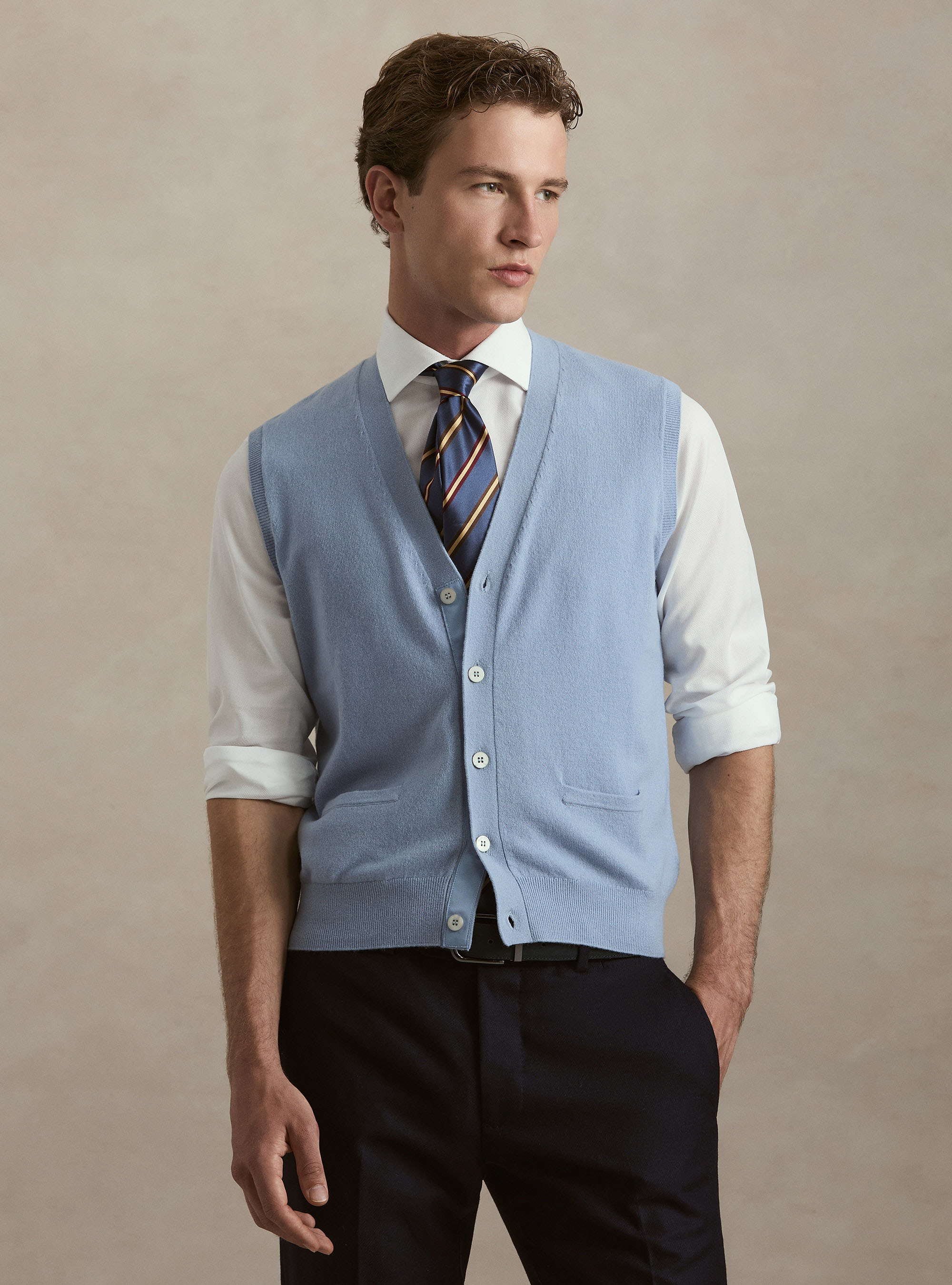 Gilet in puro cashmere con bottoni, 0266C AZZURRO