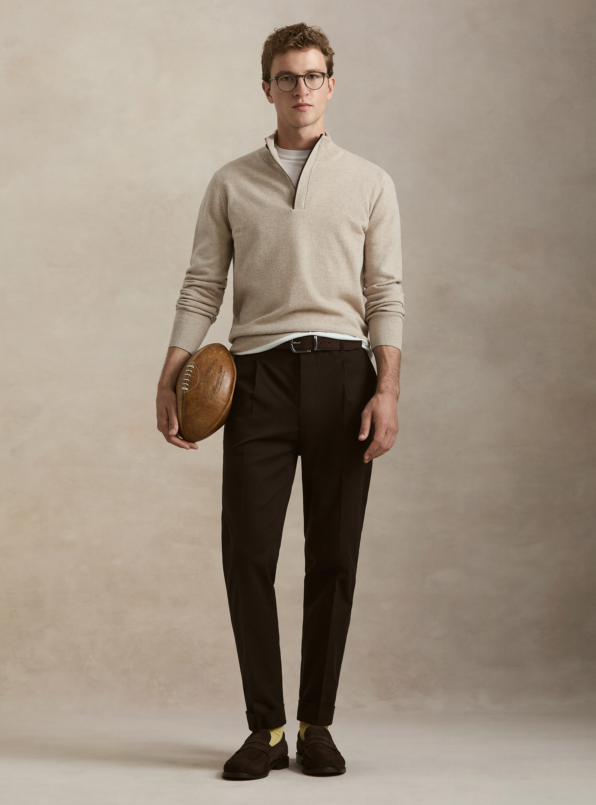 Maglia mezza zip in lana lambswool e cashmere, ECRU