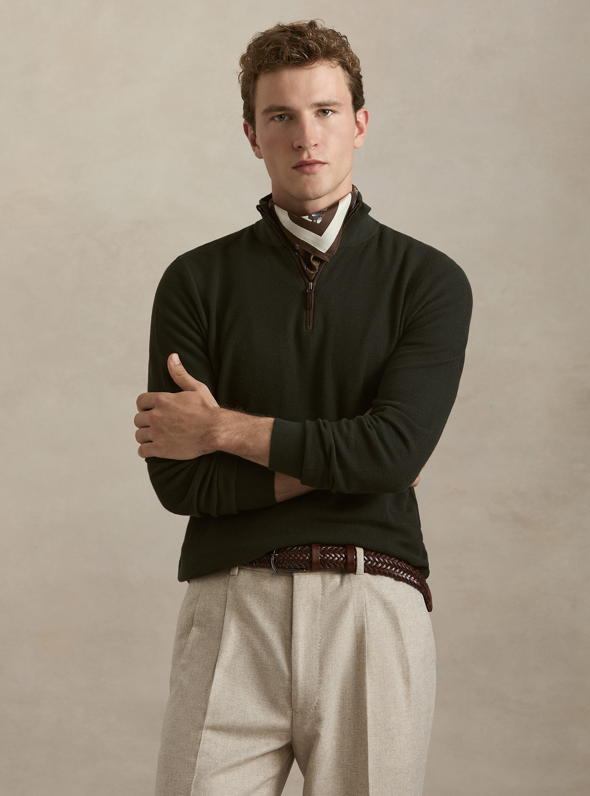 Maglia con mezza zip in cotone cashmere nido d'ape, MILITARE 0609C