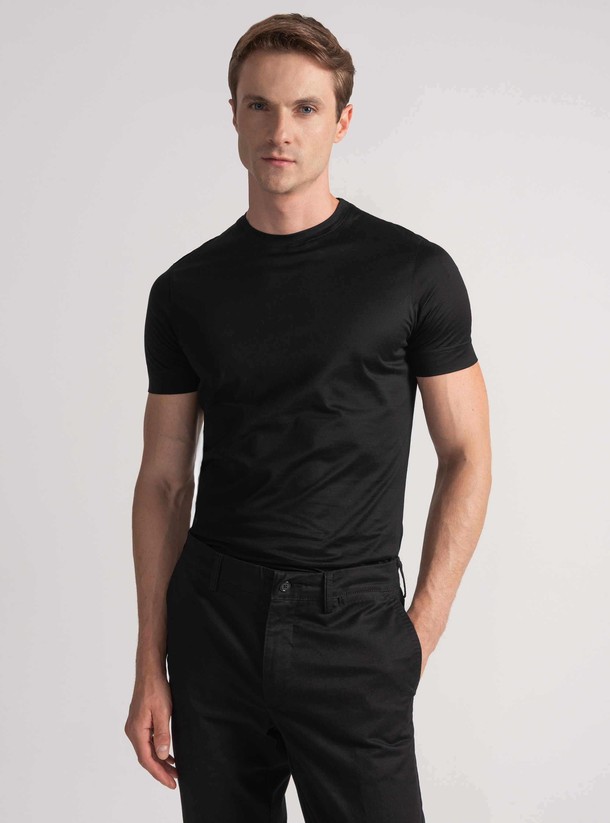 T-shirt mezza manica in filo di Scozia, NERO