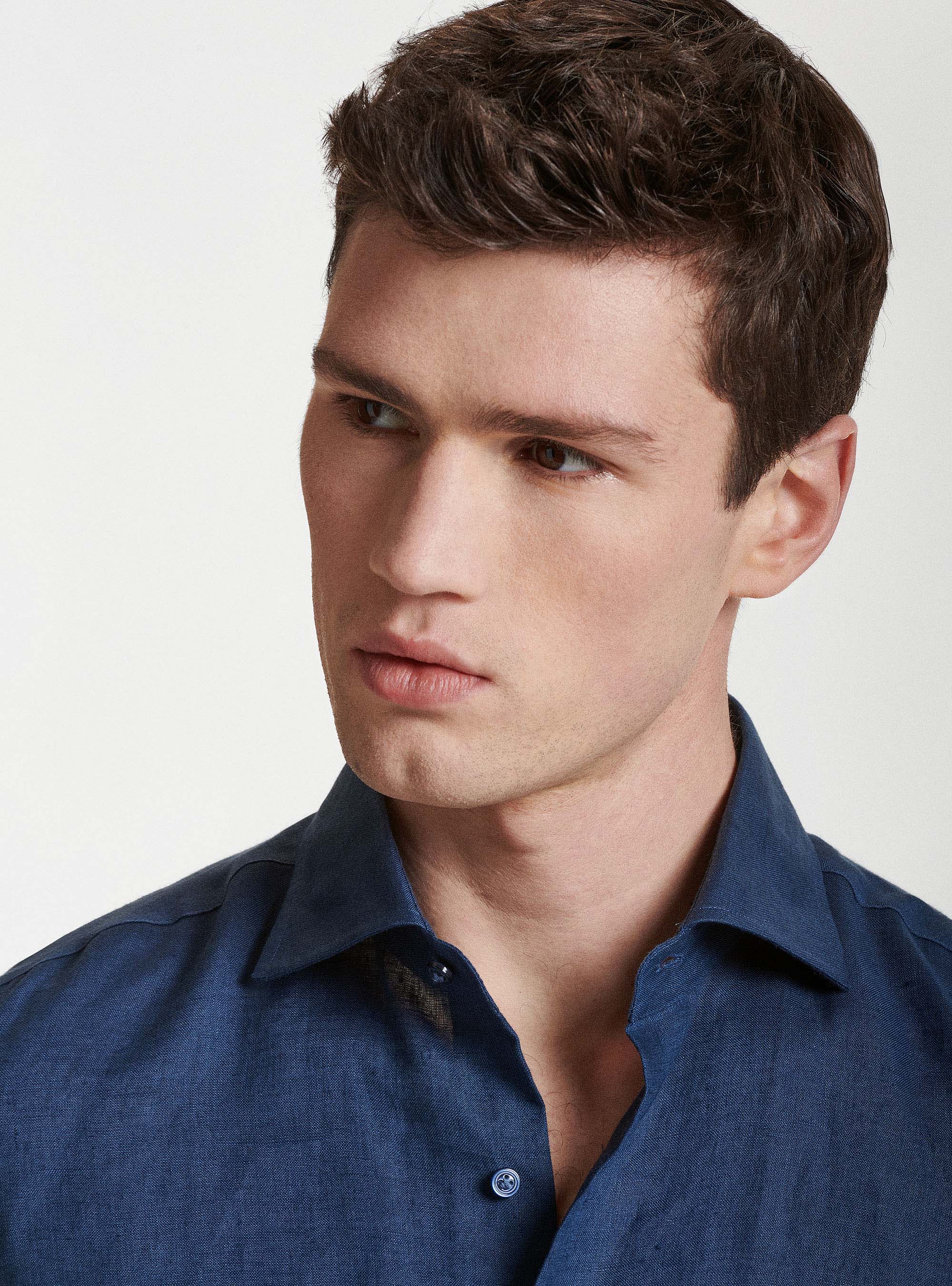 Camicia in puro lino con collo semi francese, BLU NAVY