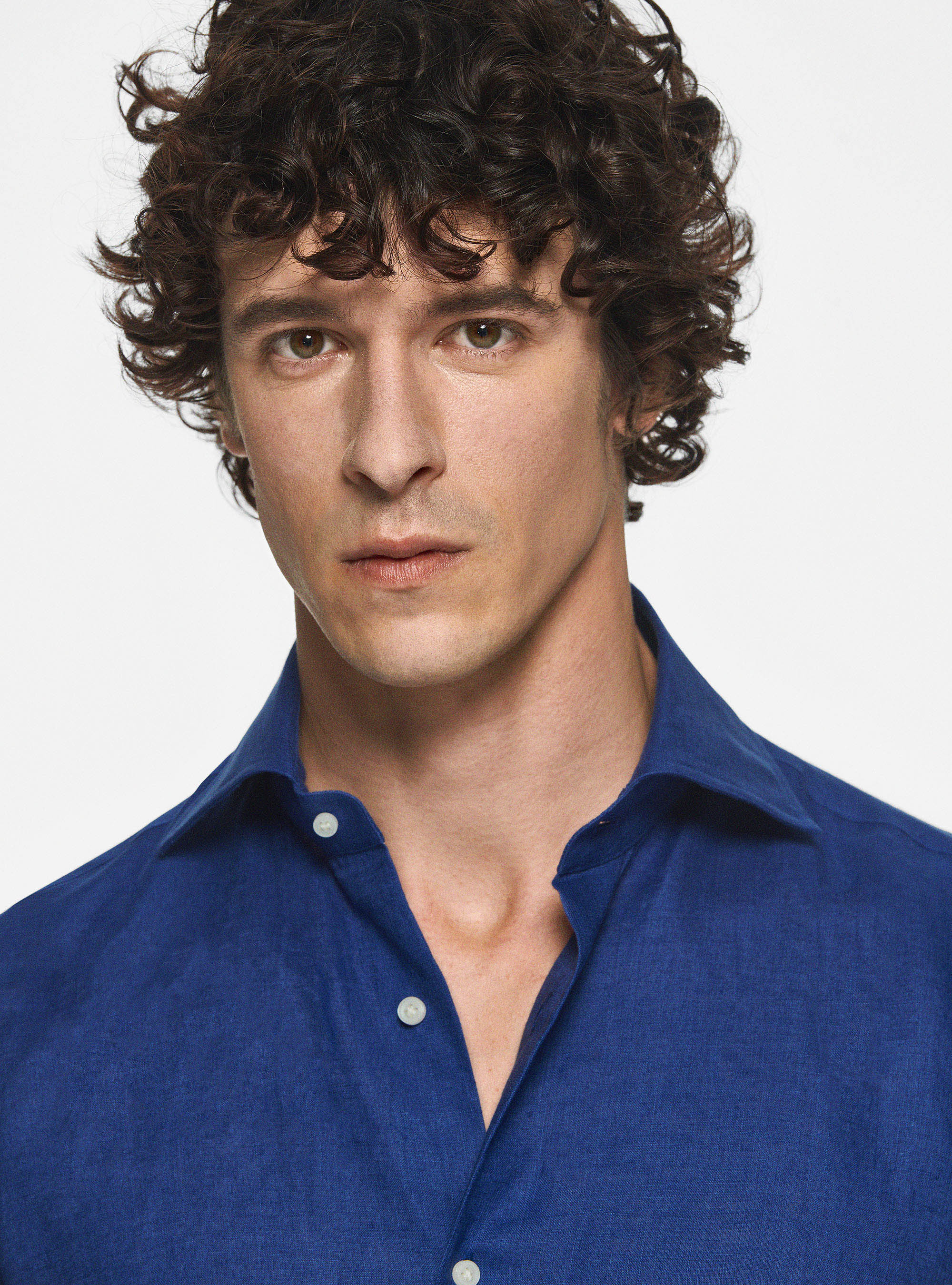 Camicia collo italiano in puro lino, BLU