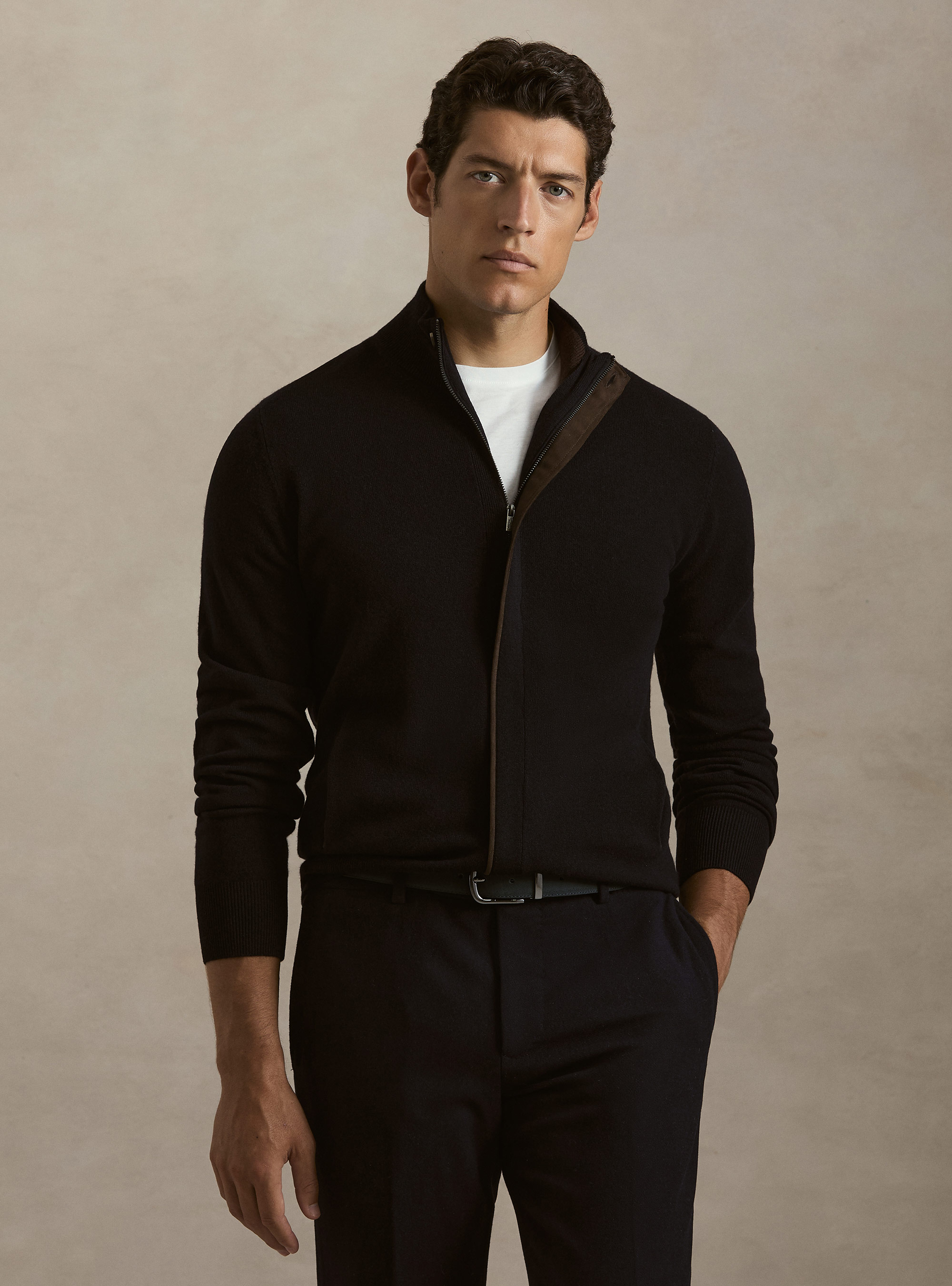 Cardigan con zip in lana lambswool e cashmere, BLU NAVY