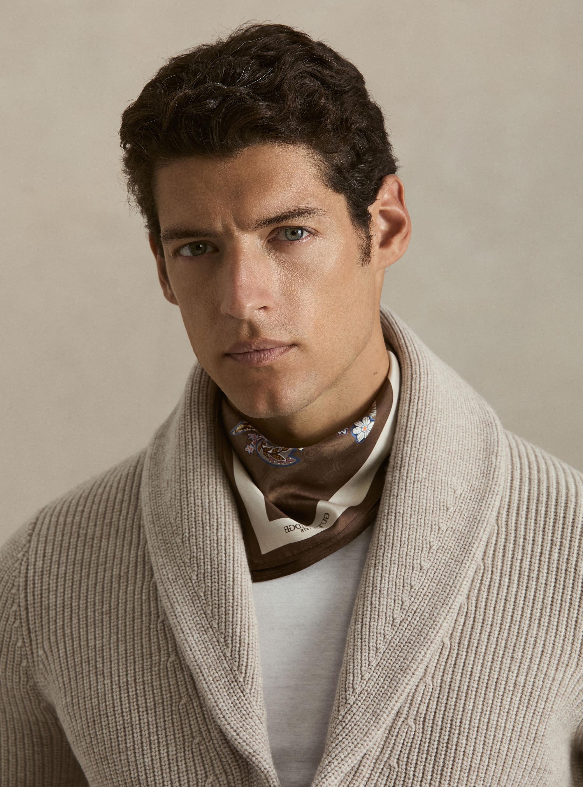 Cardigan in maglia sciallato in lana merino, ECRU
