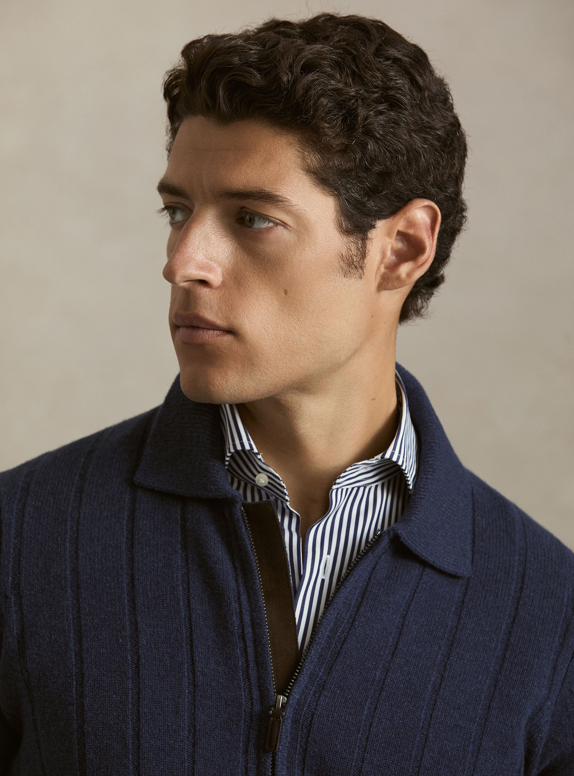 Maglia full zip con colletto in lana e cashmere a costa piatta, INCHIOSTRO