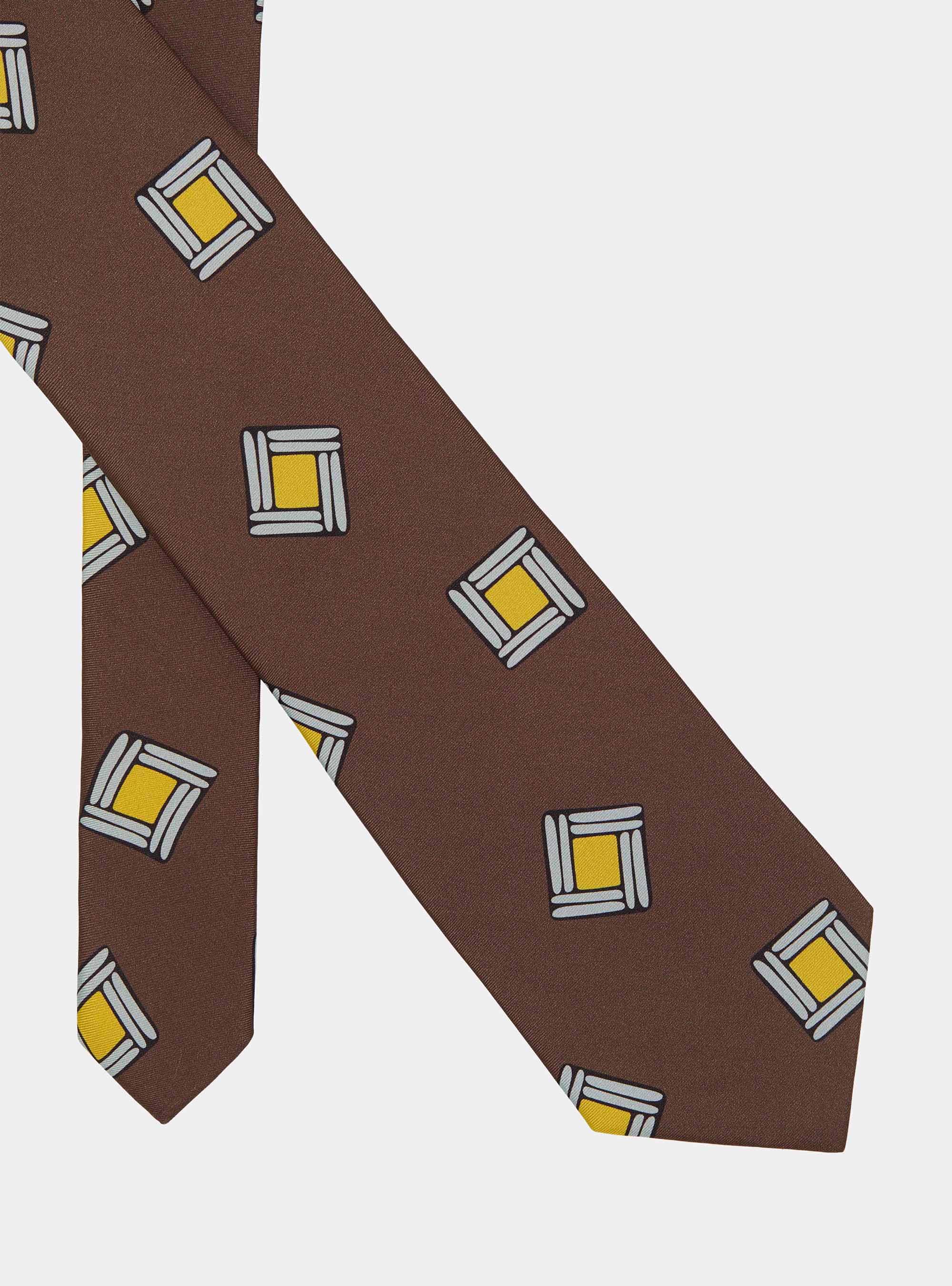 Cravatta in twill di seta stampa geometrica, MARRONE