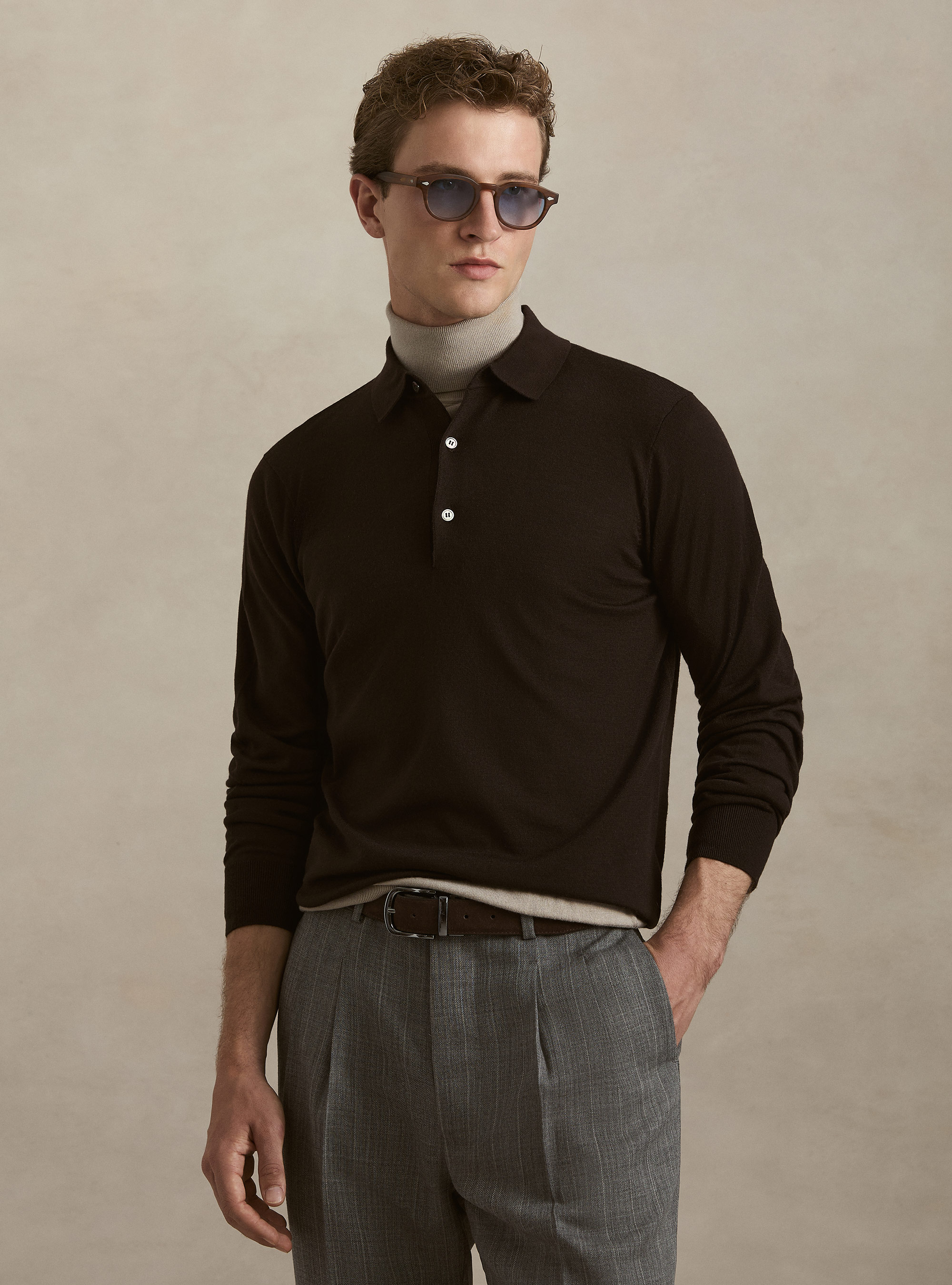 Polo in maglia in lana merino extrafine, MARRONE