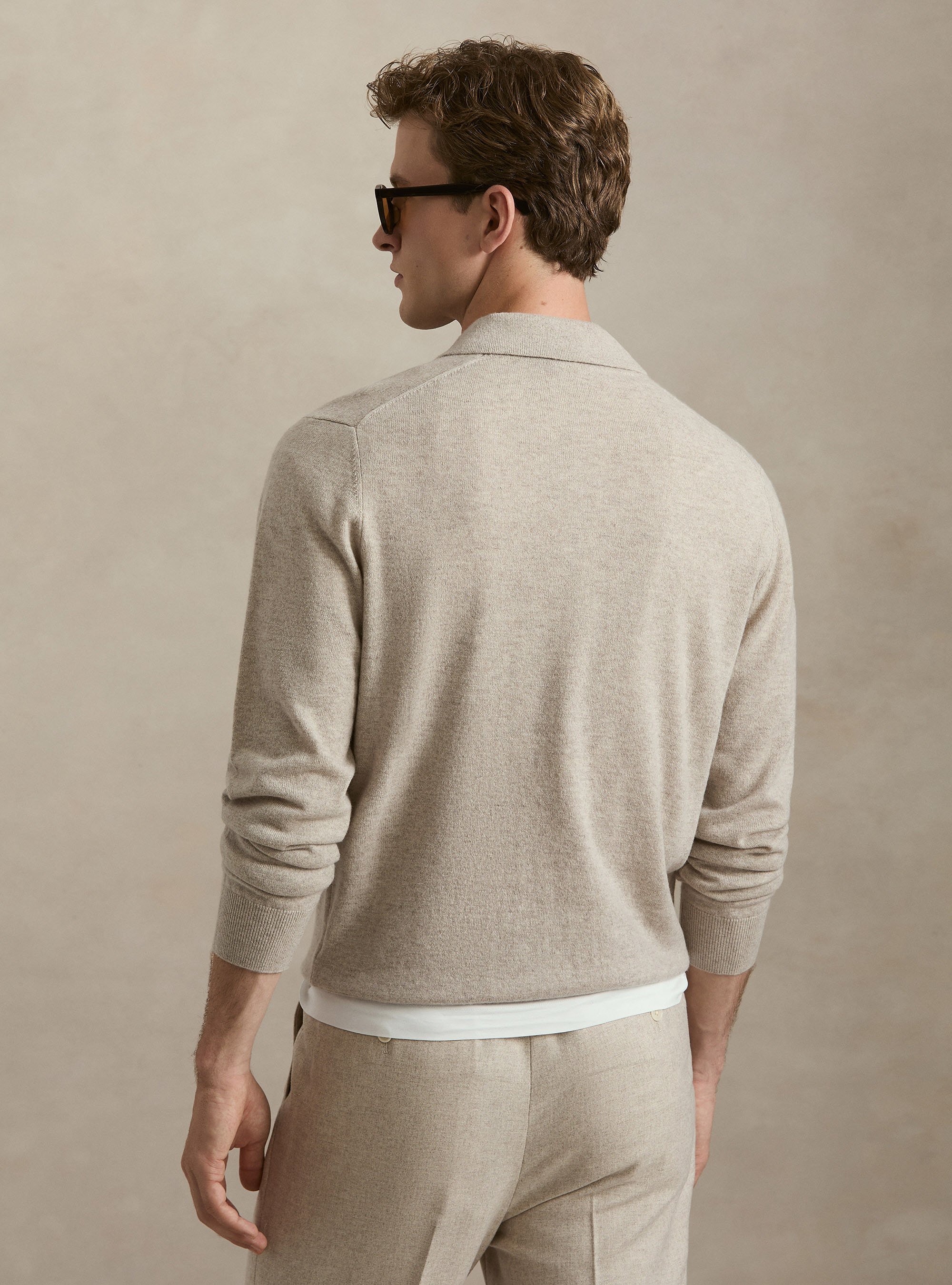 Polo a manica lunga in puro cashmere, ECRU